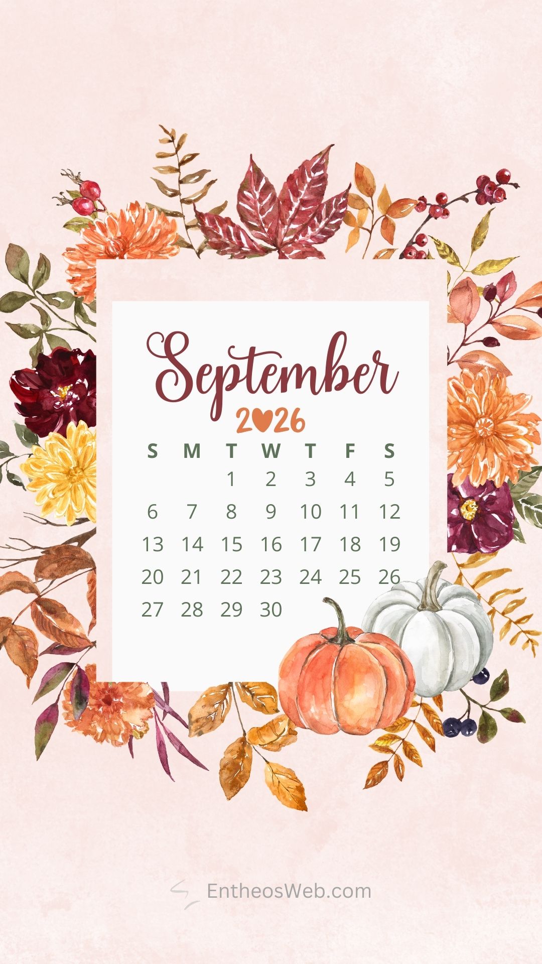 1080x1920 September 2026 Calendar Phone Wallpaper Background