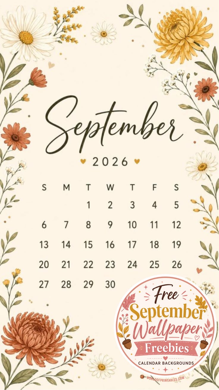 736x1307 September 2026 Floral Calendar Wallpaper