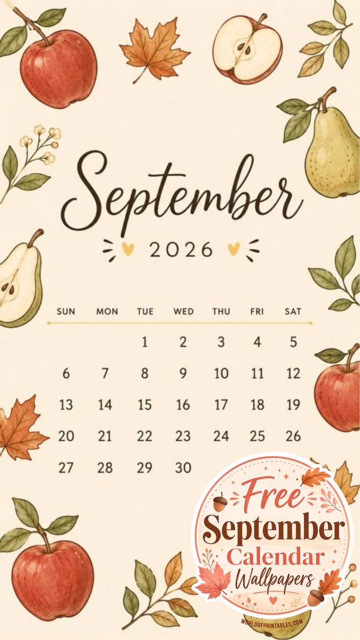 736x1307 September 2026 Apple and Pear Calendar Wallpaper