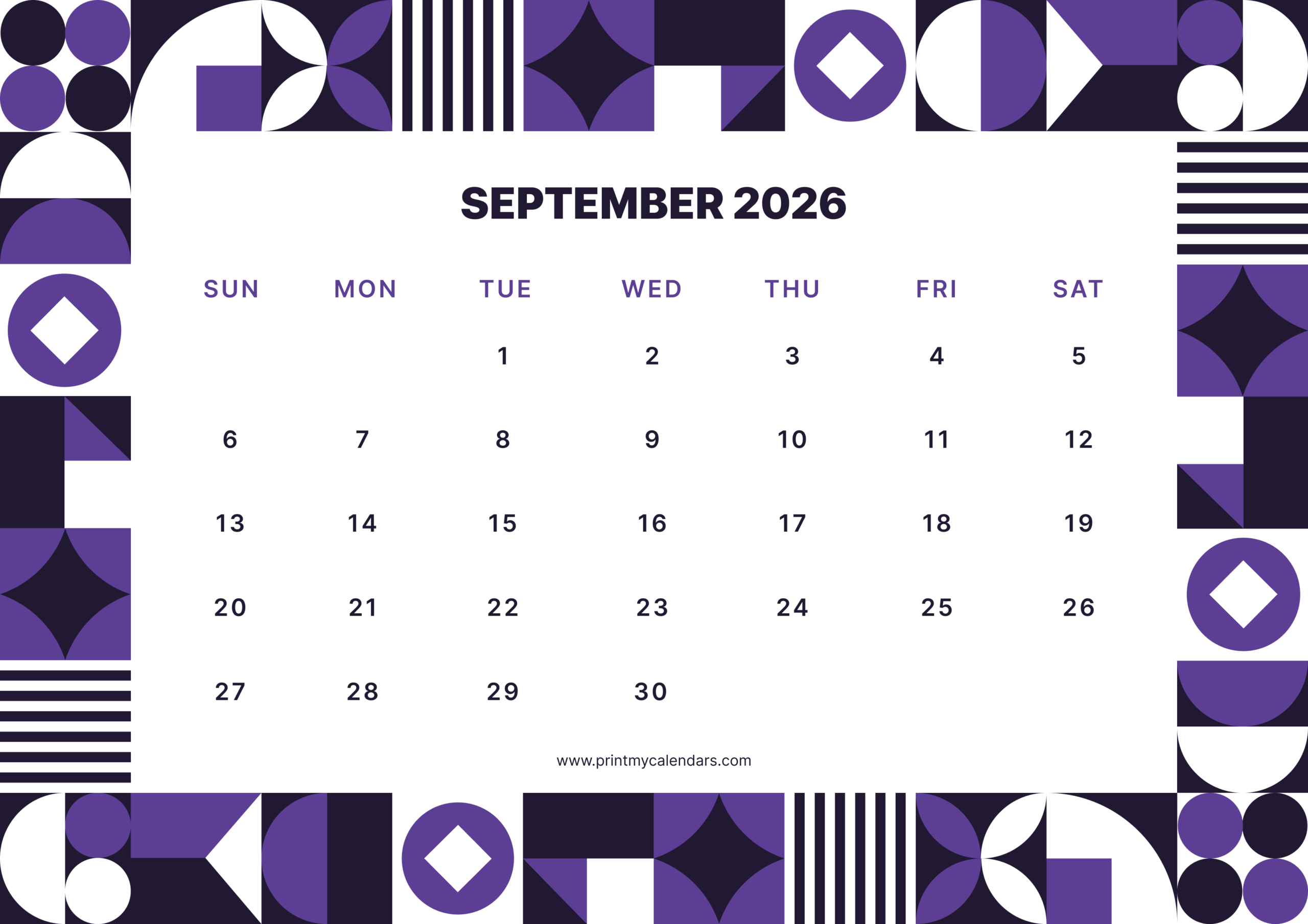 2560x1810 Free September Printable Calendar 2026 (PDF, Blank, Aesthetic)