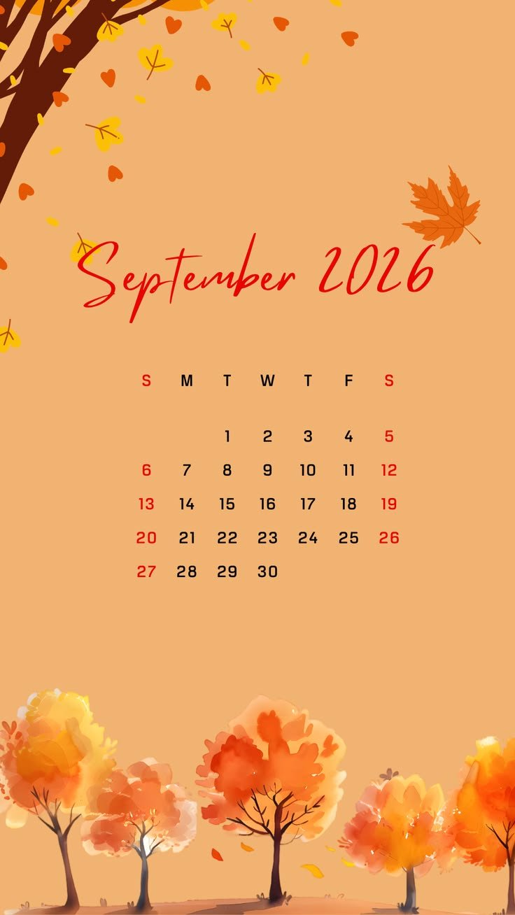 736x1308 September 2026 Autumn Calendar. Printable Fall Monthly Planner