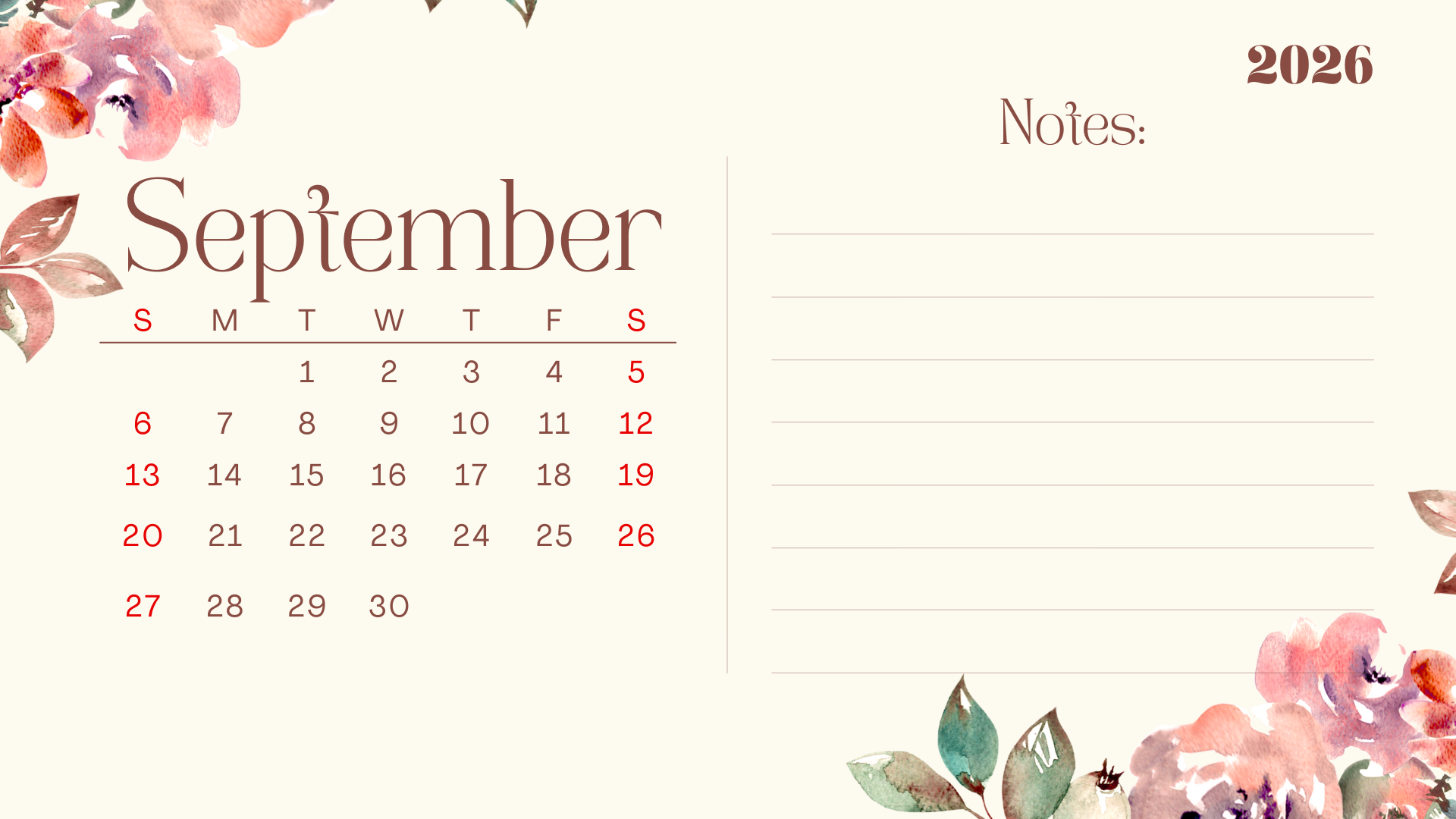 1920x1080 September 2026 Calendar Free Download