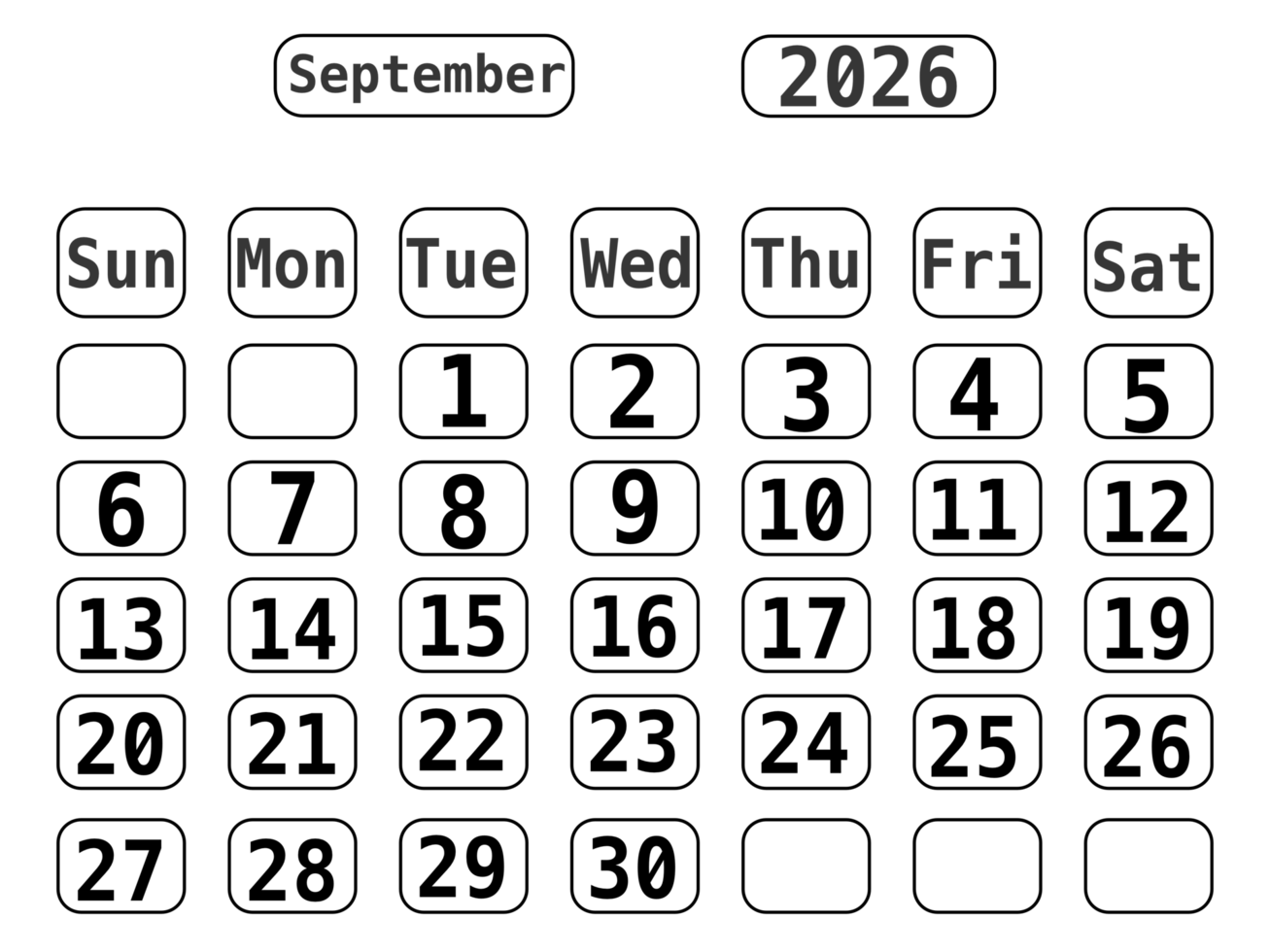 1307x980 Black Line Art 2026 Calendar template with No Background, September 2026 71048522 PNG