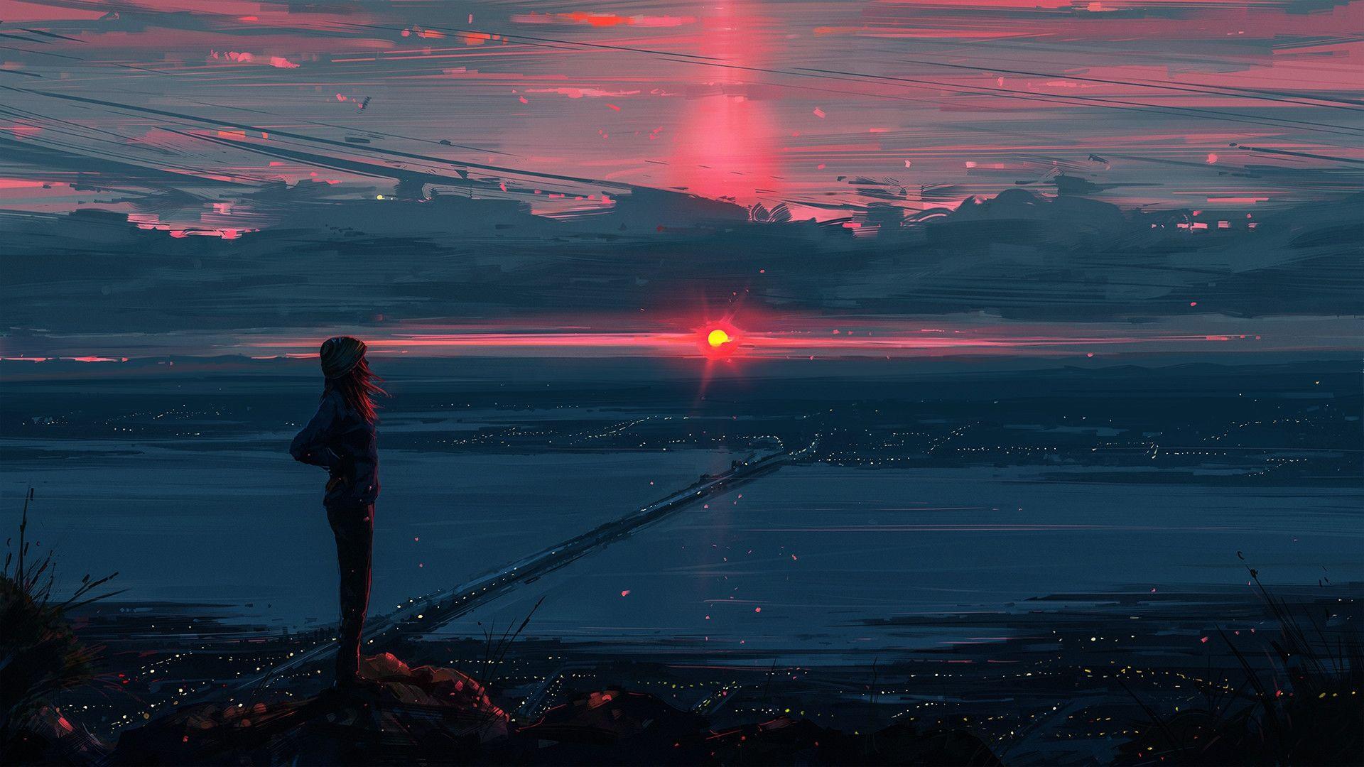 1920x1080 Download 1920x1080 Landscape, Sunset, Painting, Artwork, Girl, Standing, Bridge Wallpaper for Widescreen