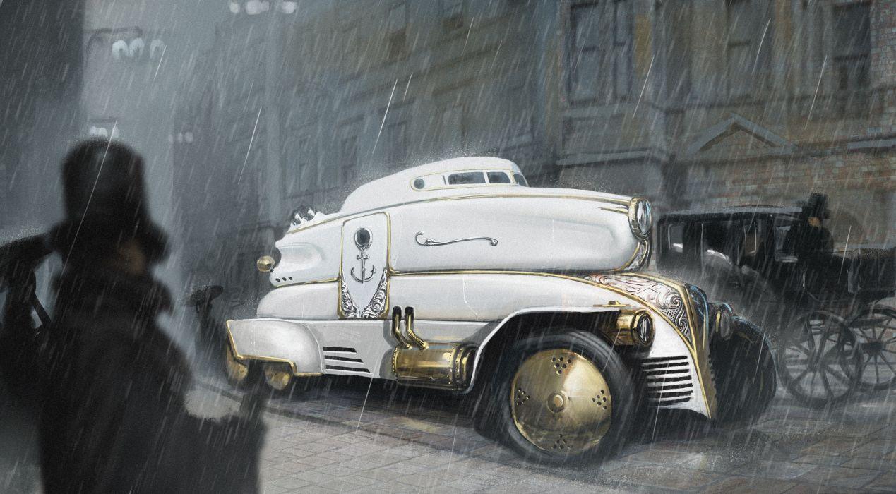 1269x700 Art steampunk car city white rain storm custom retro wallpaperx1988