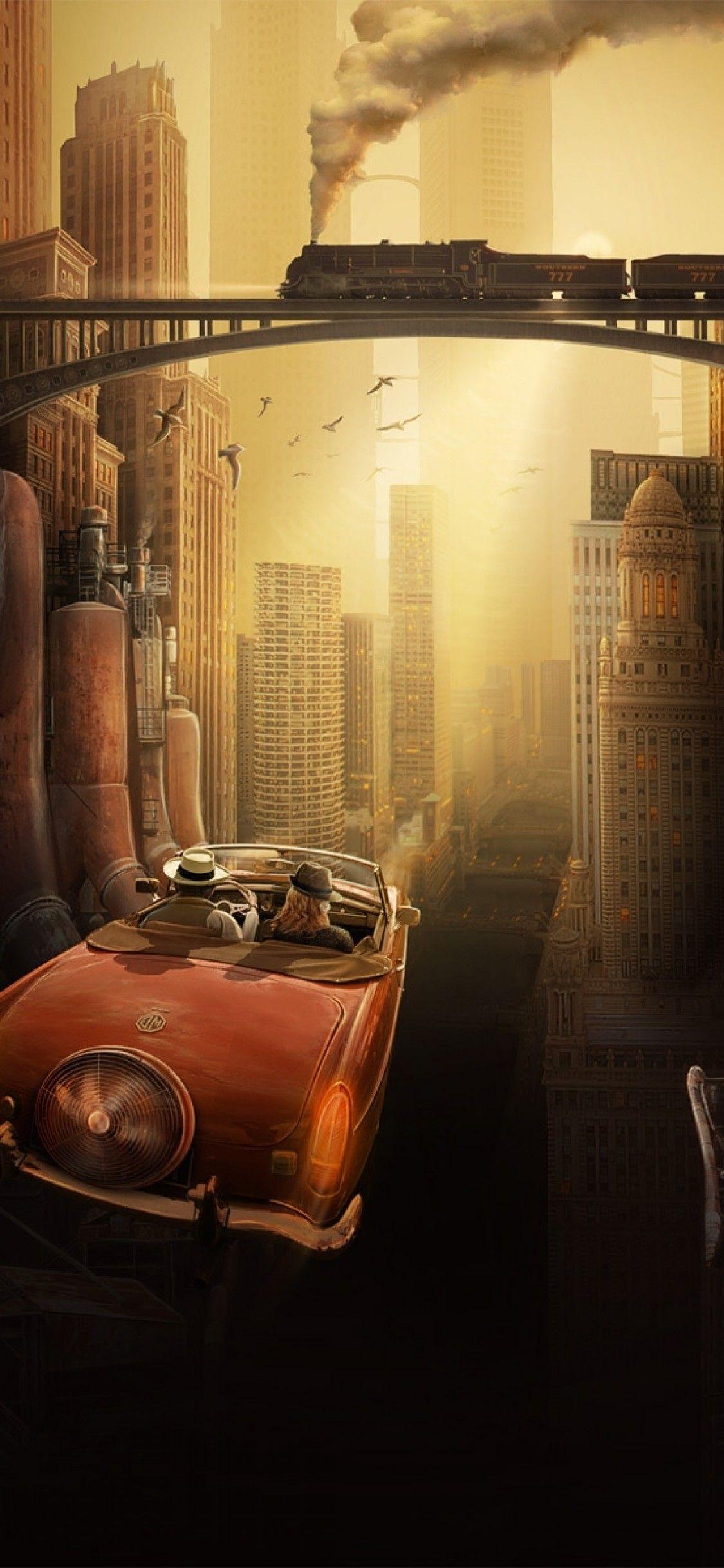1125x2436 Download 1125x2436 Steampunk, Futuristic City, Flying Car, Retro, Train Wallpaper for iPhone 11 Pro & X