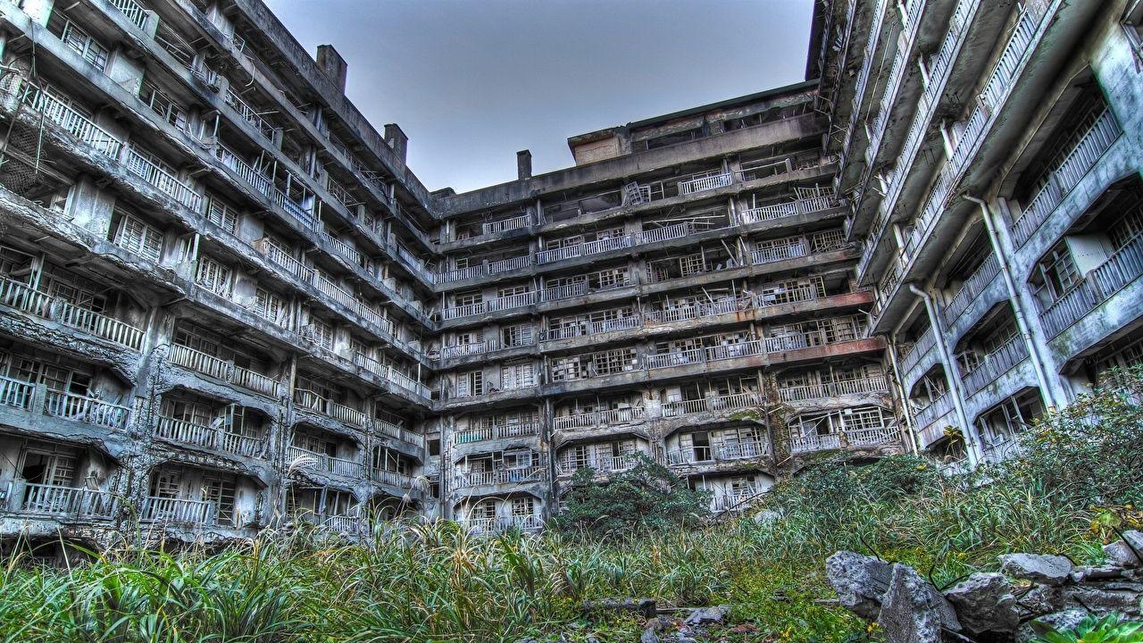 1280x720 Photos Hashima Island in Japan building abandoned Balcony Ruins