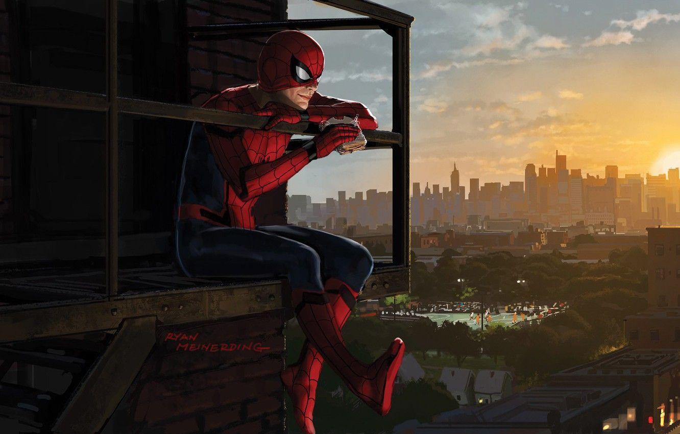 1332x850 Wallpaper The sun, The sky, New York, Figure, The city, Balcony, Costume, Building, City, Hero, Movie, Mask, Sky, Superhero, Hero, The film image for desktop, section фантастика