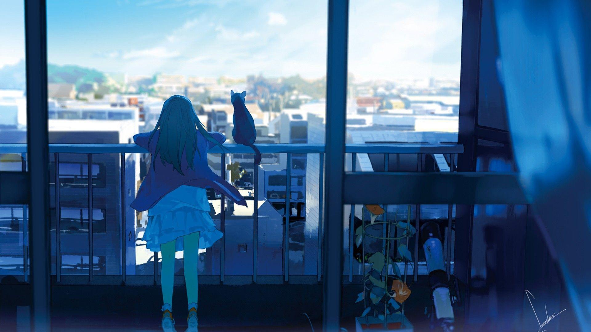 1920x1080 City Anime Girls Original Characters Cats Window Balcony Sky Anime Wallpaper:1920x1080