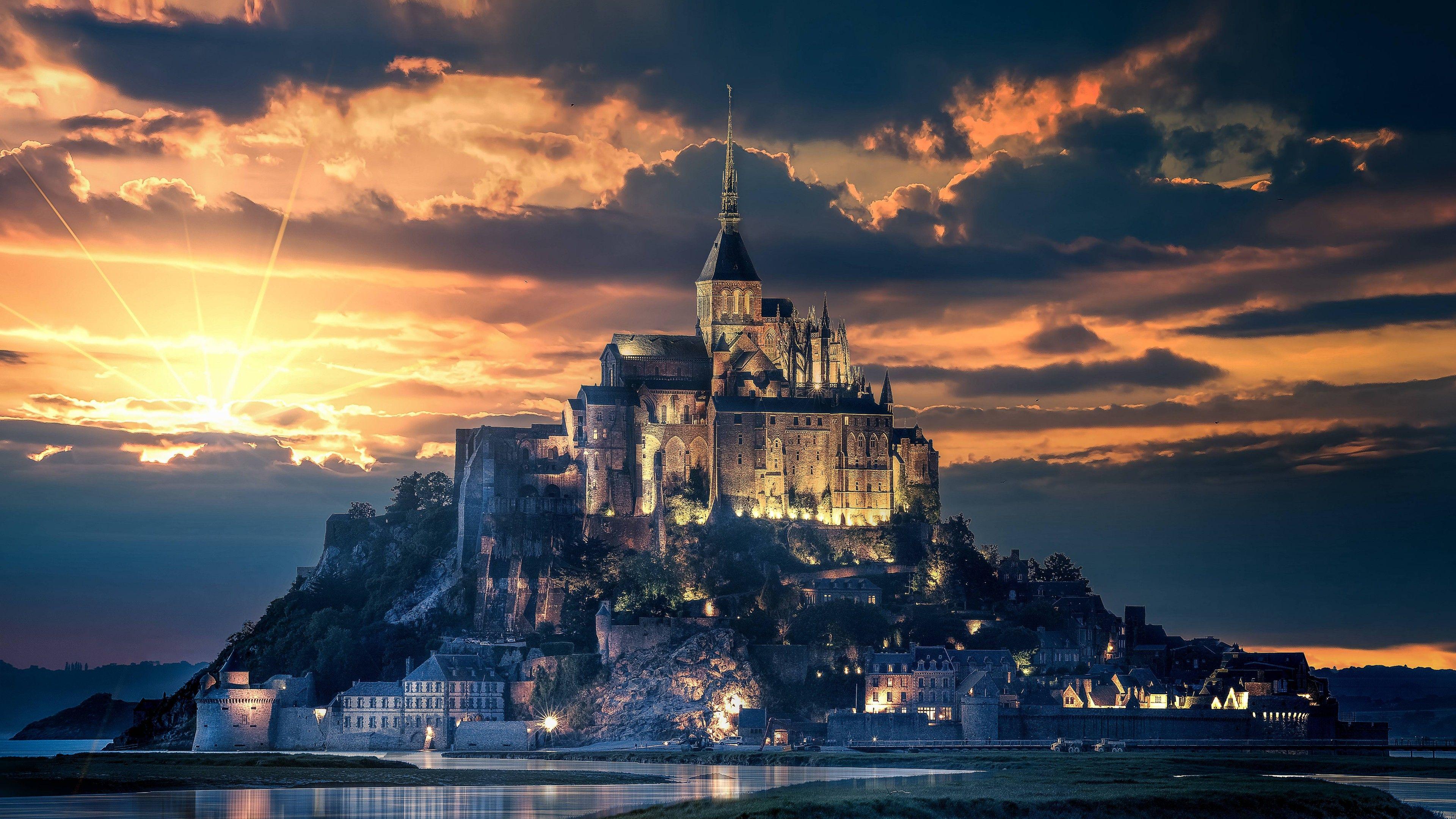 3840x2160 Mont Saint Michel 4K Wallpaper, Island, Ancient Architecture, Reflection, Night, Sunset, Dawn, World
