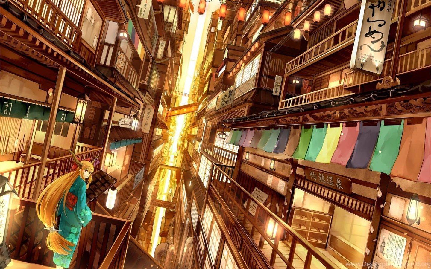 1440x900 Anime City Scenery Wallpaper Desktop Background