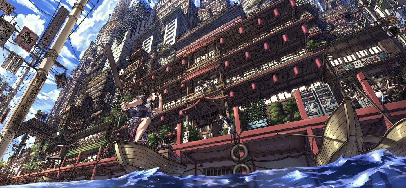 1400x650 Anime City Scenery Wallpaperx650