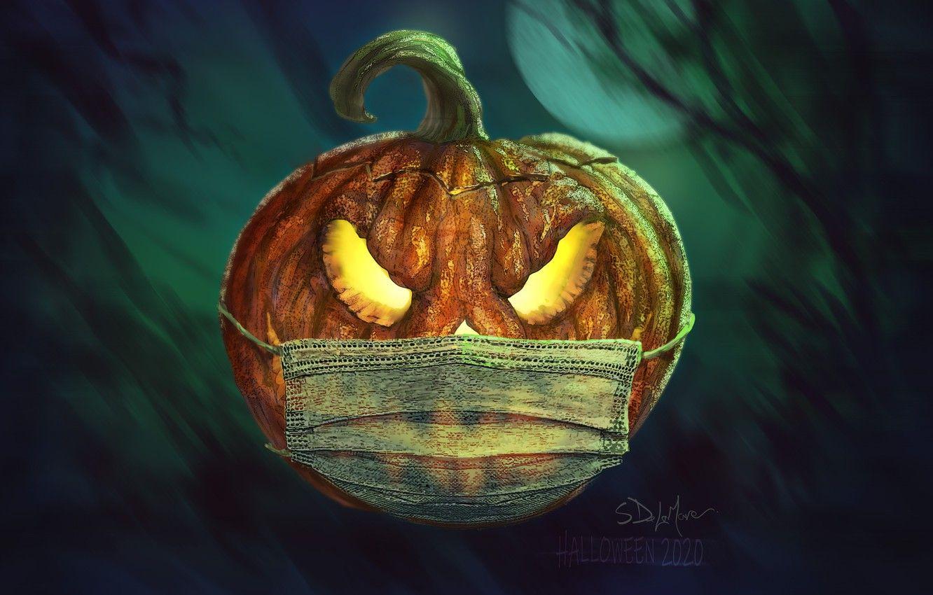 1332x850 Wallpaper the full moon, halloween, Jack, in the dark, evil eye, pumpkin with eyes, dark place, medical face mask image for desktop, section праздники