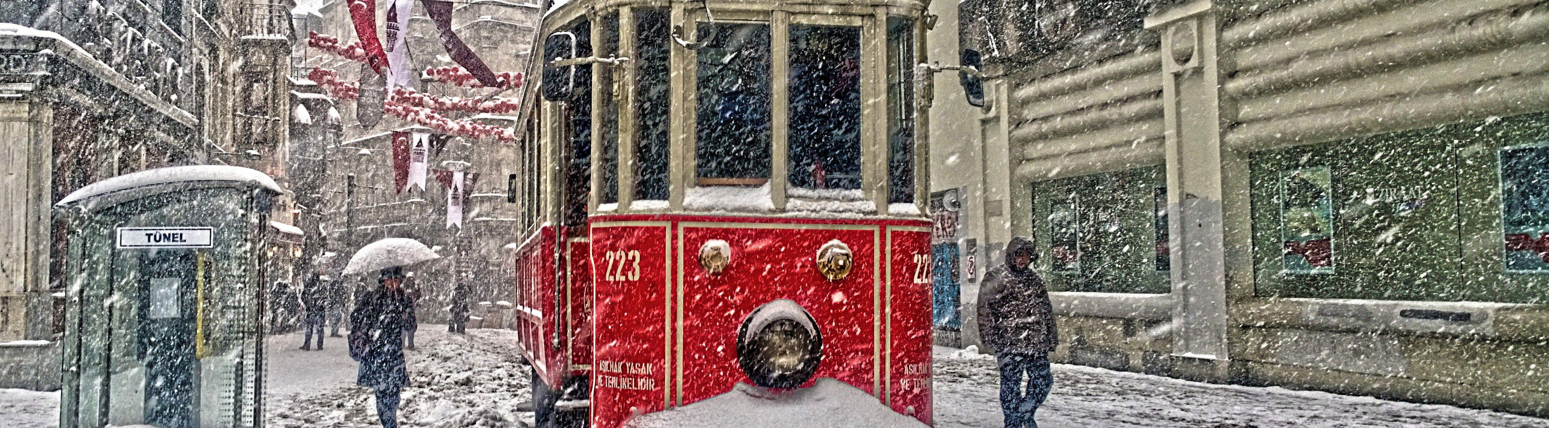 5067x1400 Download 5067x1400 Turkey Istanbul Taksim, Snow, Winter, Tram, People Wallpaper
