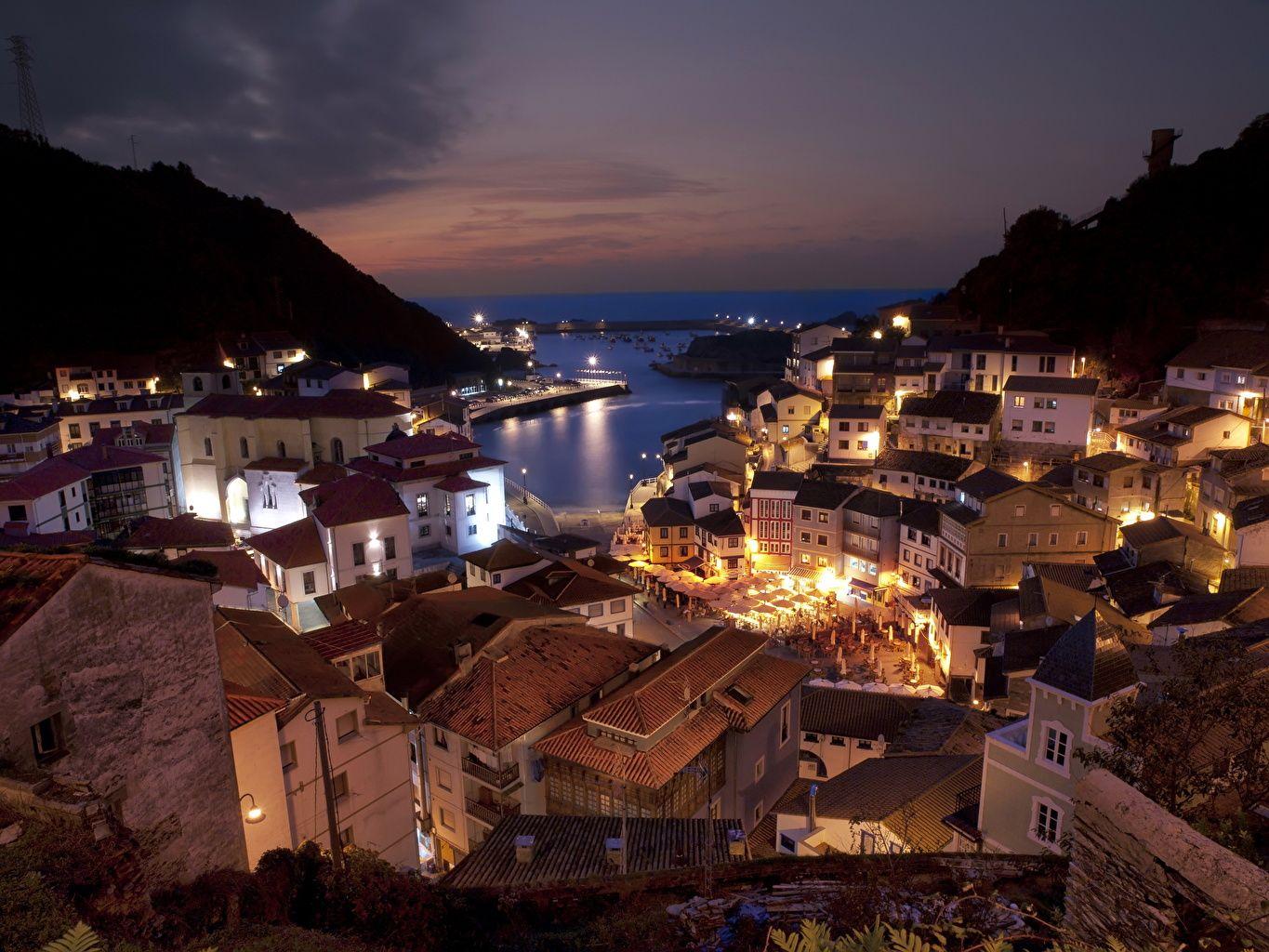 1365x1024 Desktop Wallpaper Spain Asturias Cudillero Night Cities Houses