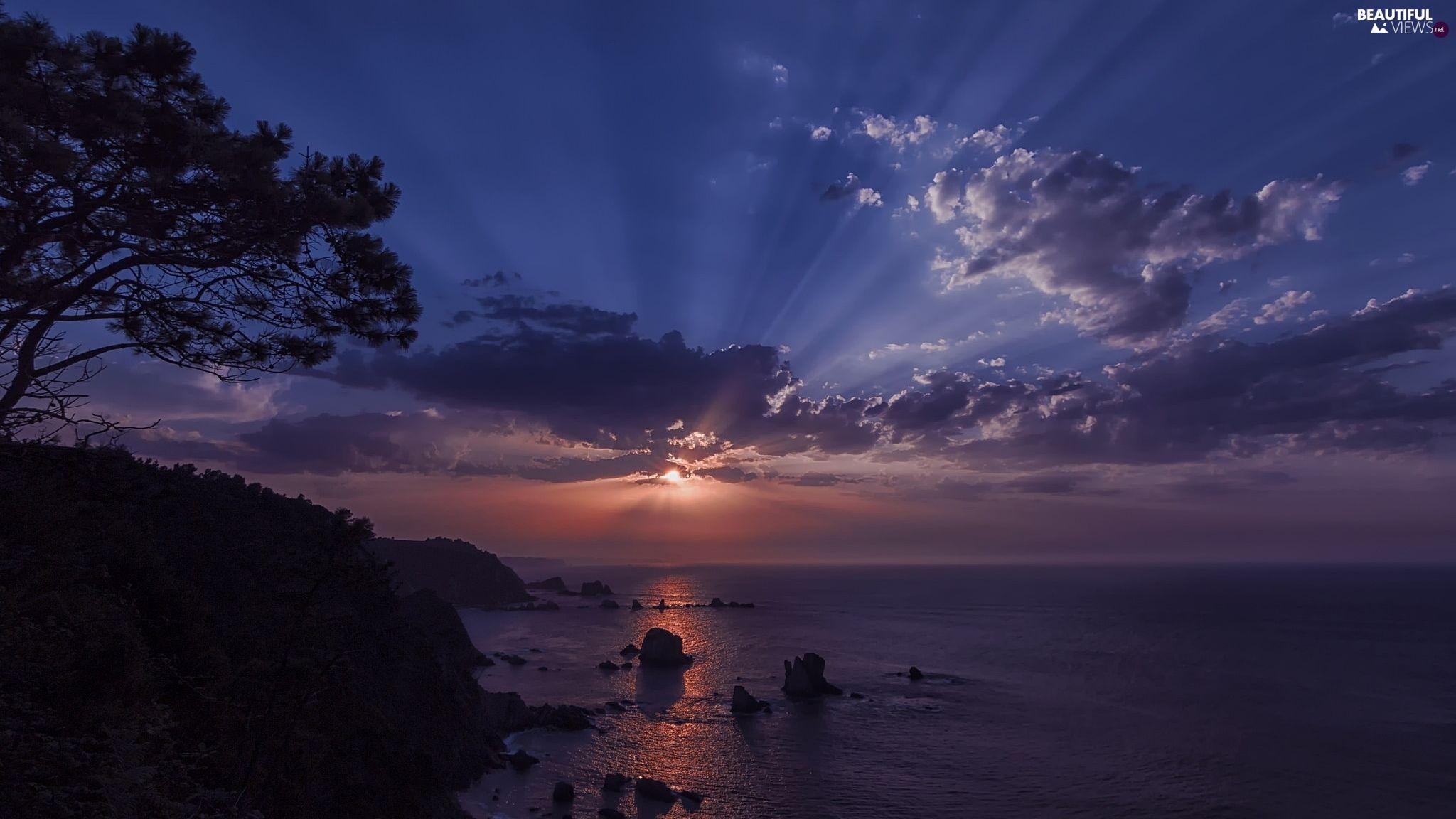 2048x1152 Playa del Silencio Beach, Coast, trees, sea, Great Sunsets, Asturias, Spain, clouds views wallpaper: 2048x1152