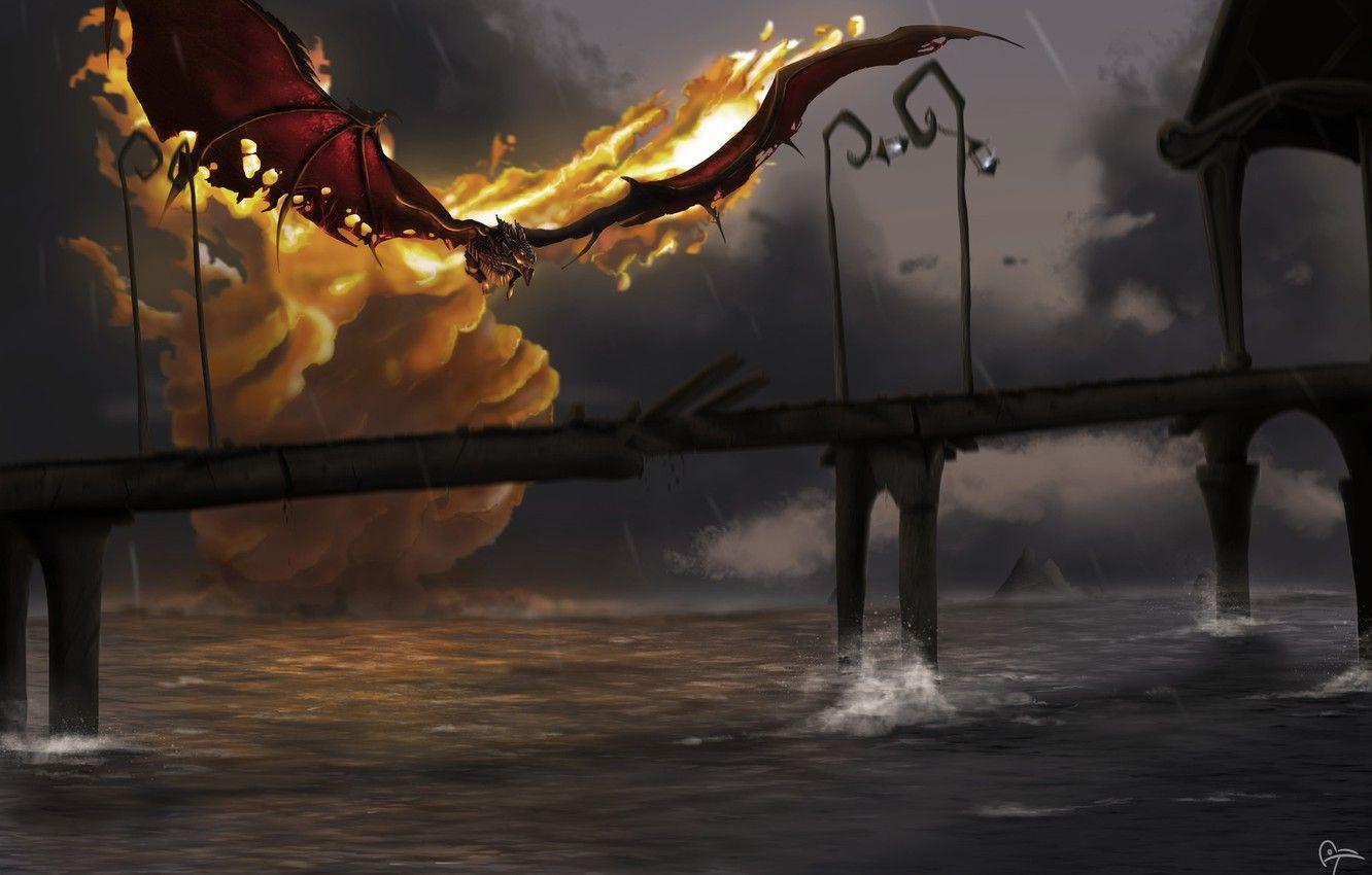 1332x850 Wallpaper bridge, river, fire, dragon, the situation, art, fantasy, Hellfire, manon bargier image for desktop, section рендеринг