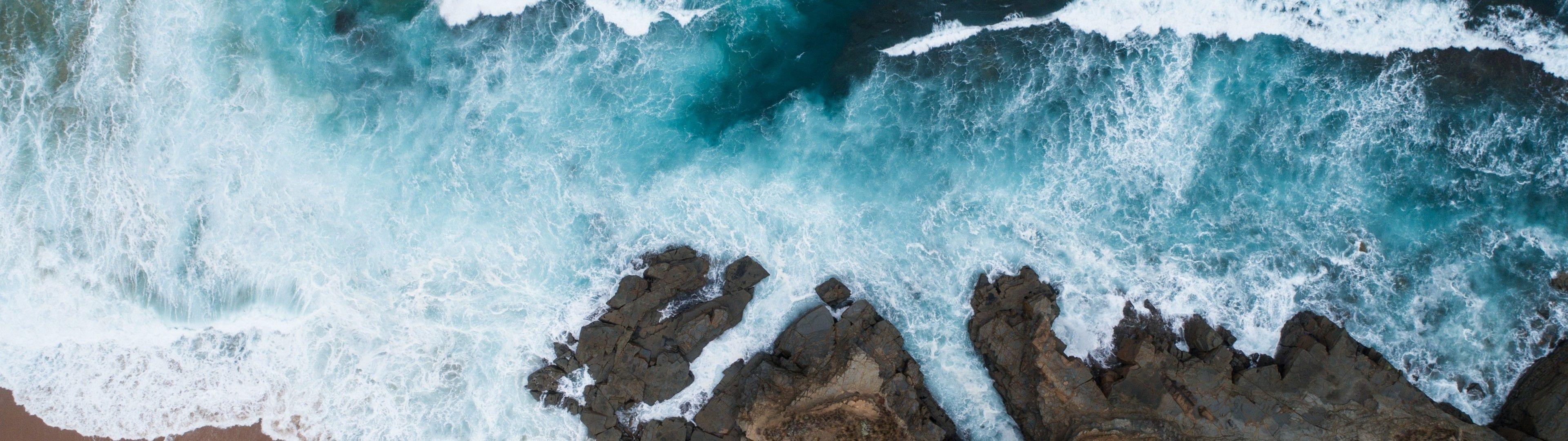 3840x1080 Download 3840x1080 Beach, Ocean, Waves, Coast, Rocks Wallpaper