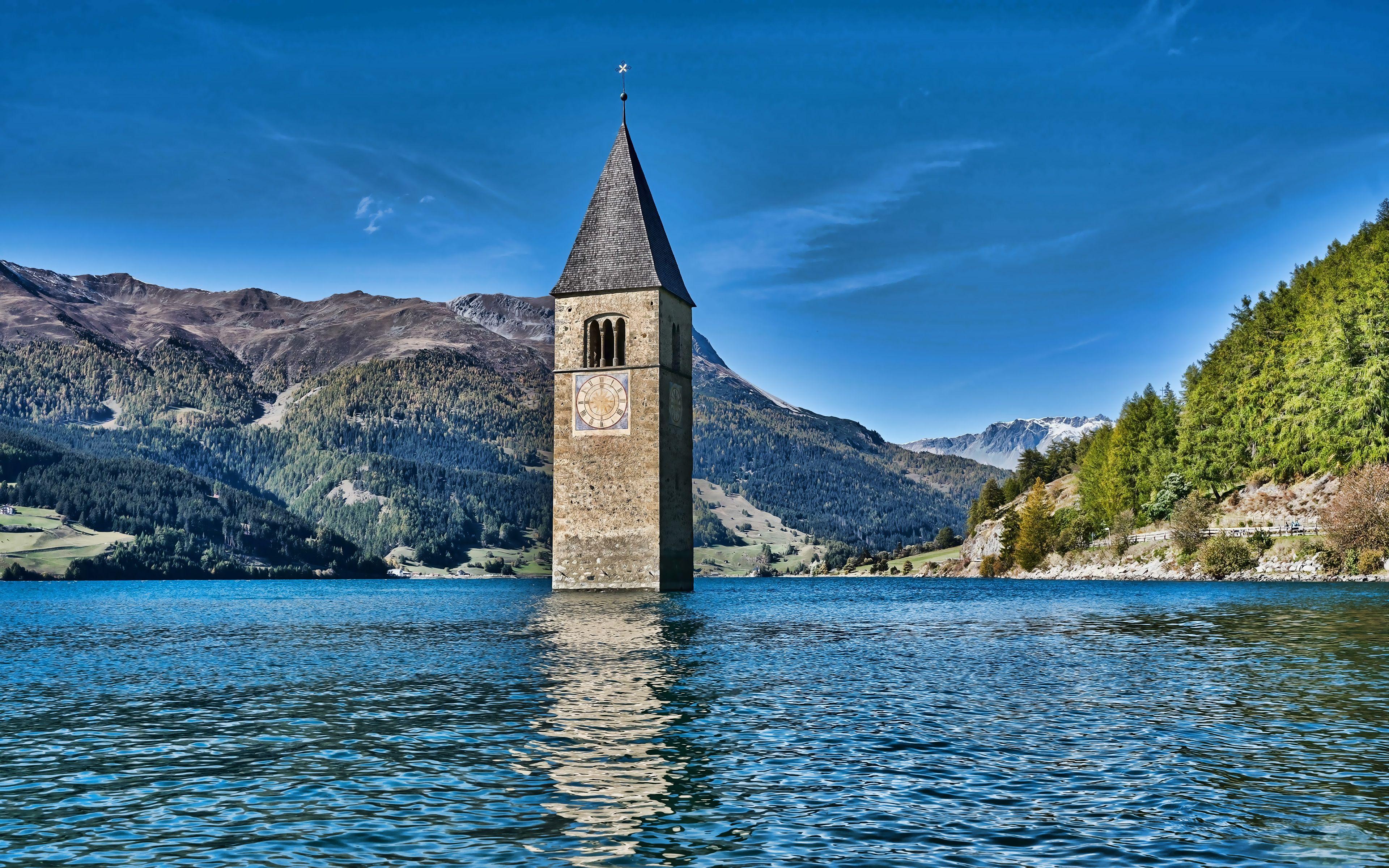 3840x2400 Download wallpaper Reschensee, 4k, summer, italian landmarks, South Tyrol, HDR, Italy, Europe, beautiful nature for desktop with resolution 3840x2400. High Quality HD picture wallpaper