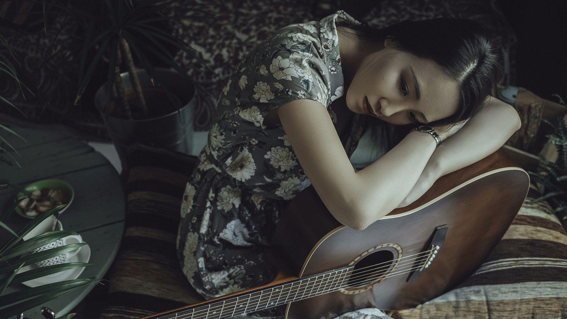 1920x1080 Wallpaper Asian girl, guitar, sadness 1920x1200 HD Picture, Image