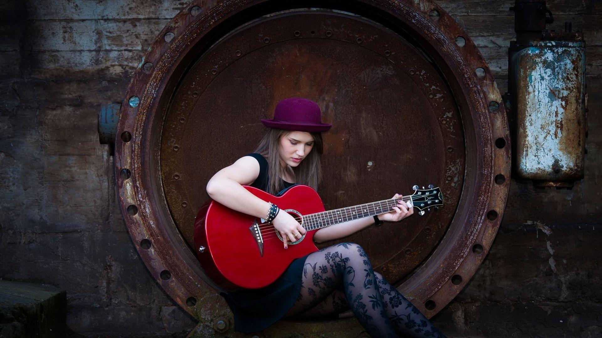 1920x1080 Wallpaper Long hair girl, hat, guitar, music 1920x1080 Full HD 2K Picture, Image