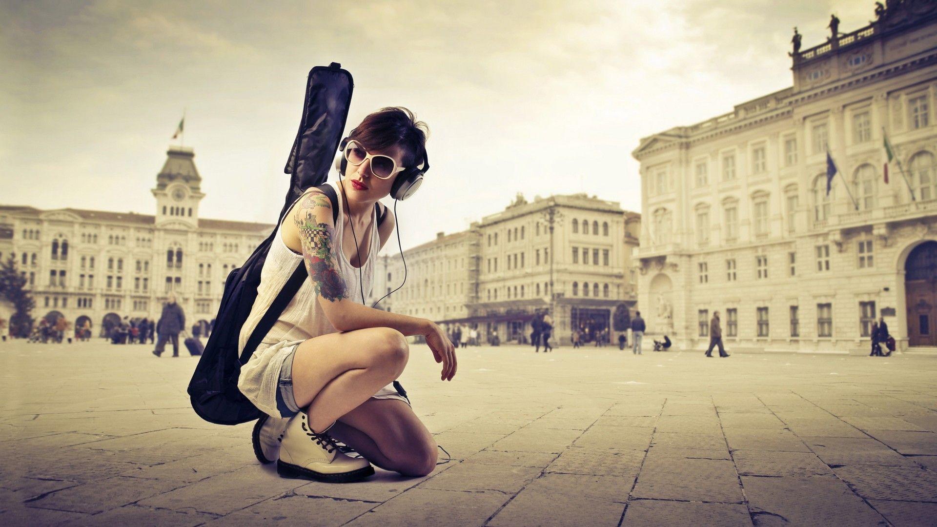 1920x1080 Guitar Girl Wallpaper HD Background Free Download