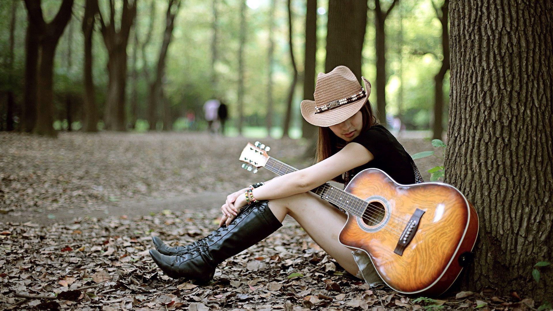 1920x1080 Free download Sad girl with guitar lonely in jungle HD Wallpaper Rocks [ 1920x1080] for your Desktop, Mobile & Tablet. Explore Guitar Girls Wallpaper. Fender Guitar Wallpaper for Computer, Gibson