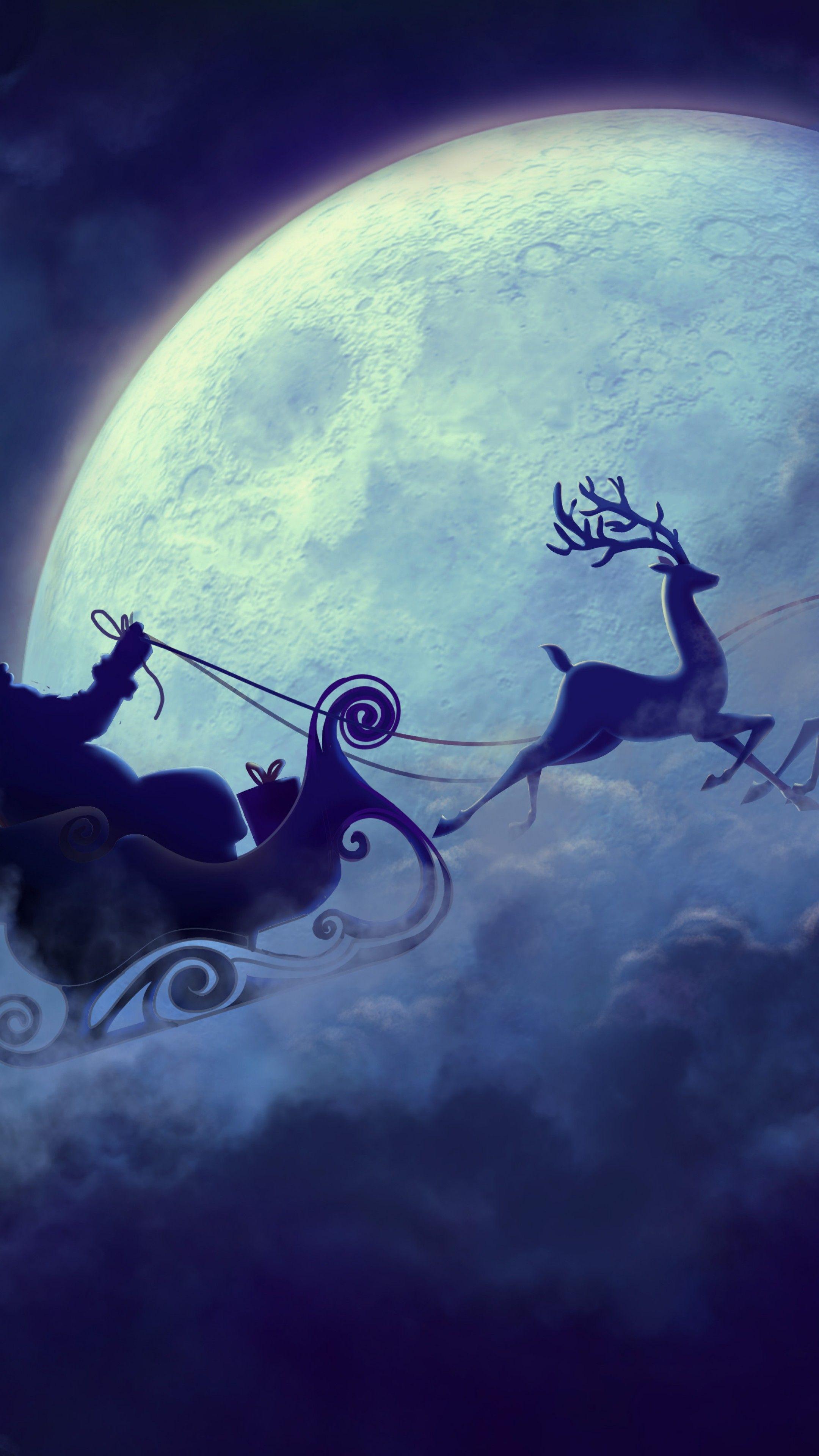 2160x3840 Wallpaper Deer, Santa, moon, clouds, Christmas, Holidays