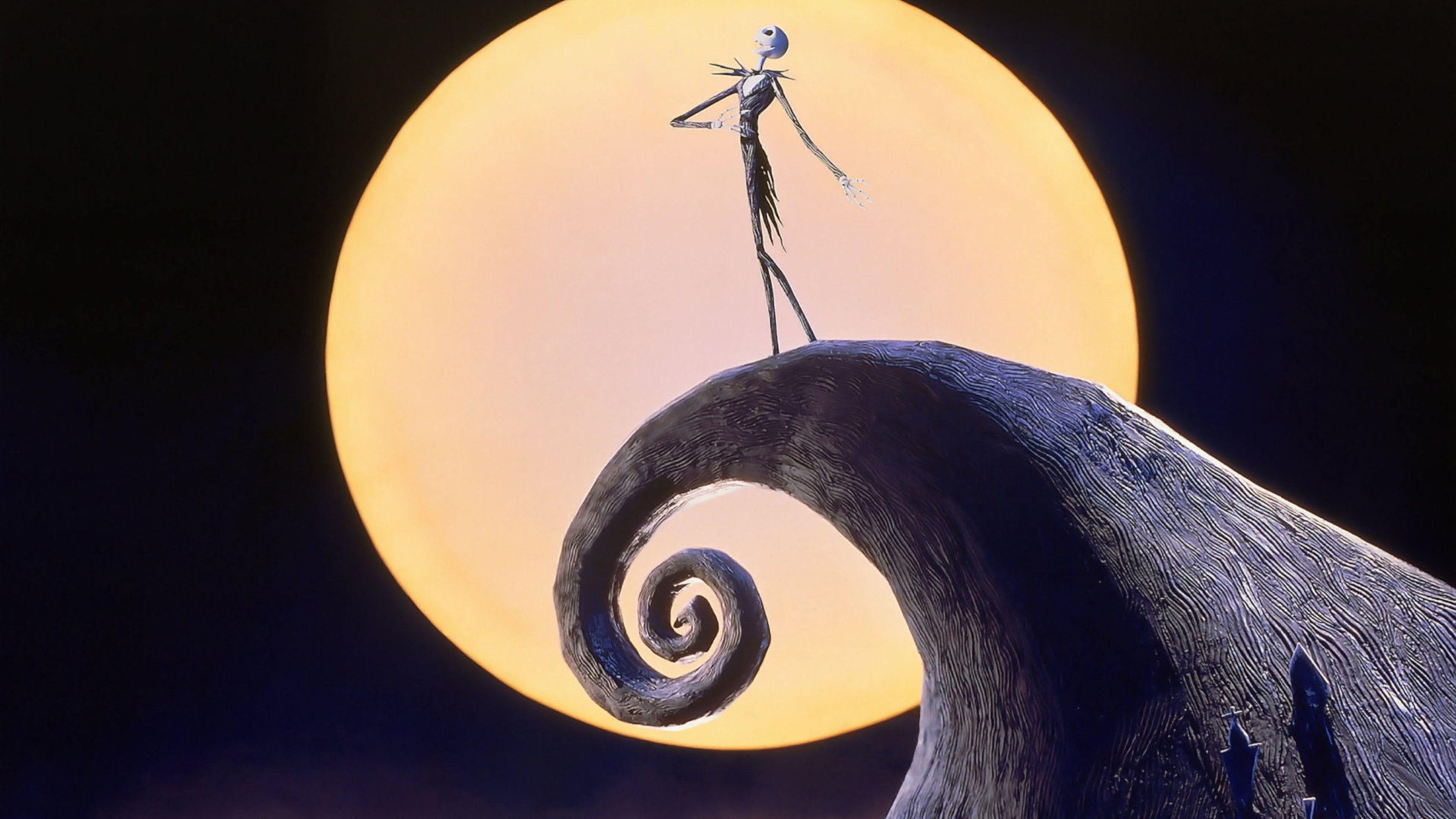 3840x2160 The Nightmare Before Christmas Jack Skellington Pumpkin Near Moon 4K HD Movies Wallpaper