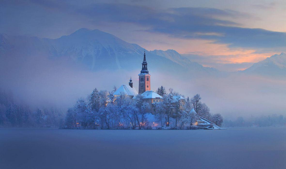 1181x700 Slovenia Bled lake mountain island fog home church winter wallpaperx1138