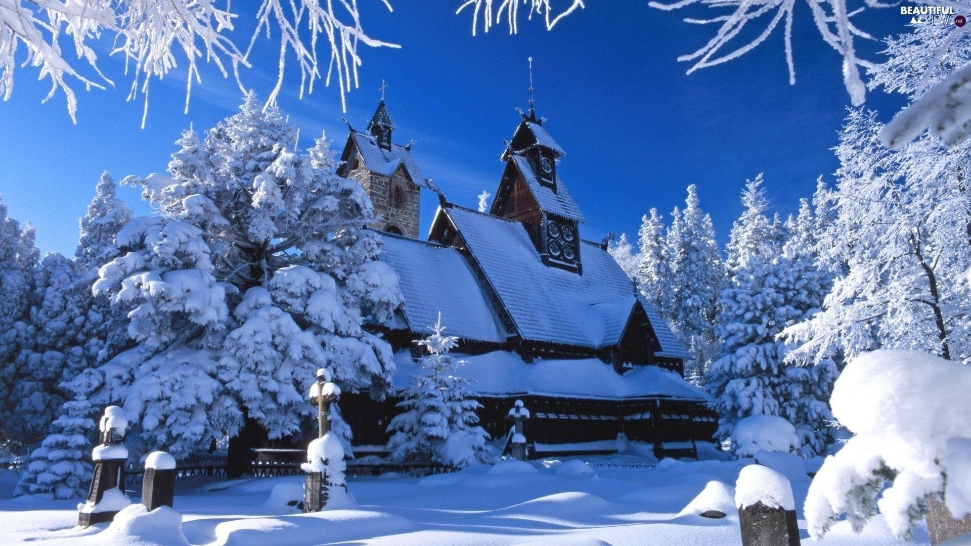 1920x1080 Church, winter, snow, cemetery views wallpaper: 1920x1080