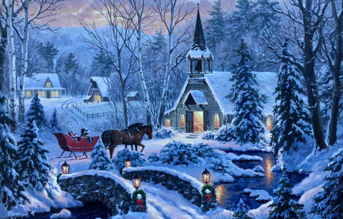 1332x850 Wallpaper winter, forest, snow, bridge, river, the evening, horse, Church, Abraham Hunter image for desktop, section живопись