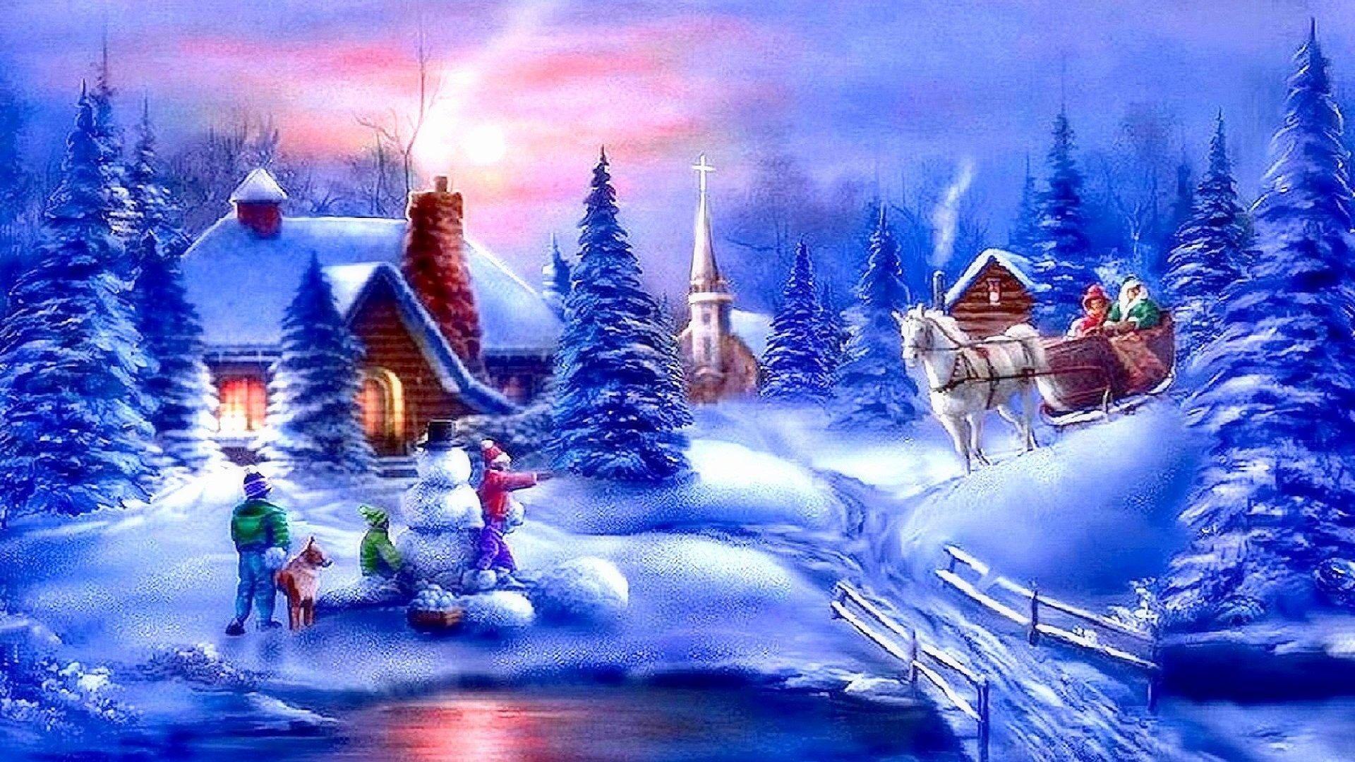 1920x1080 Carriage Greetings Winter Churches Creek Paintings Christmas Scenes HD Wallpaper