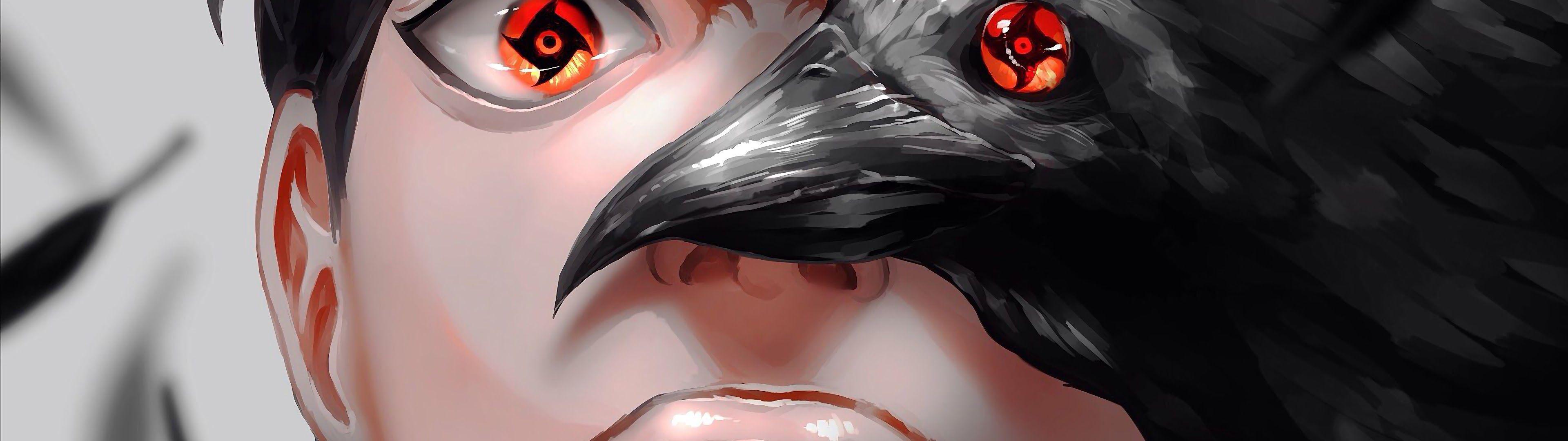 3840x1080 Shisui Uchiha Mangekyo Sharigan Crow 4K Wallpaper