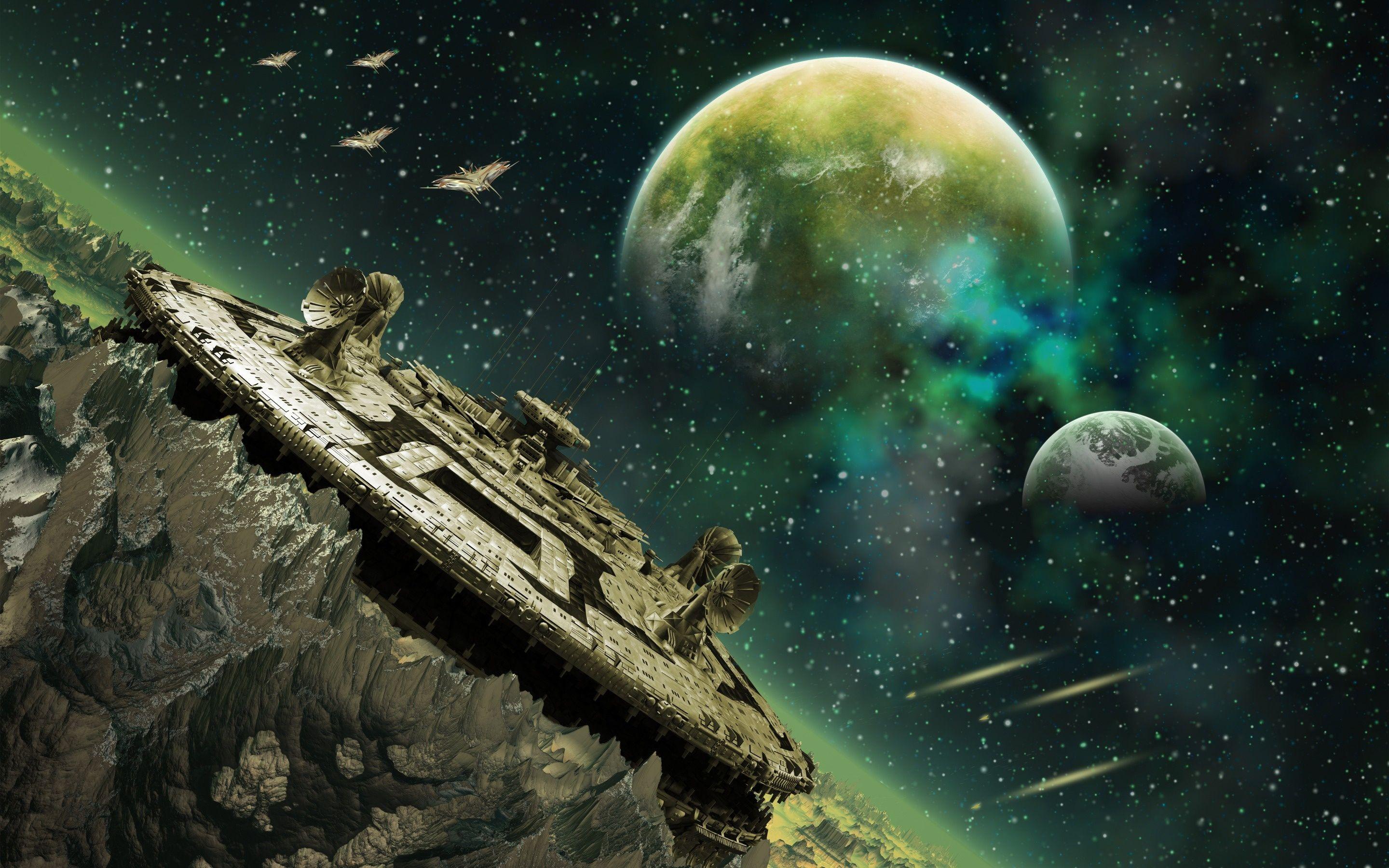2880x1800 Alien Planet With Space Station And Moons Wallpaper