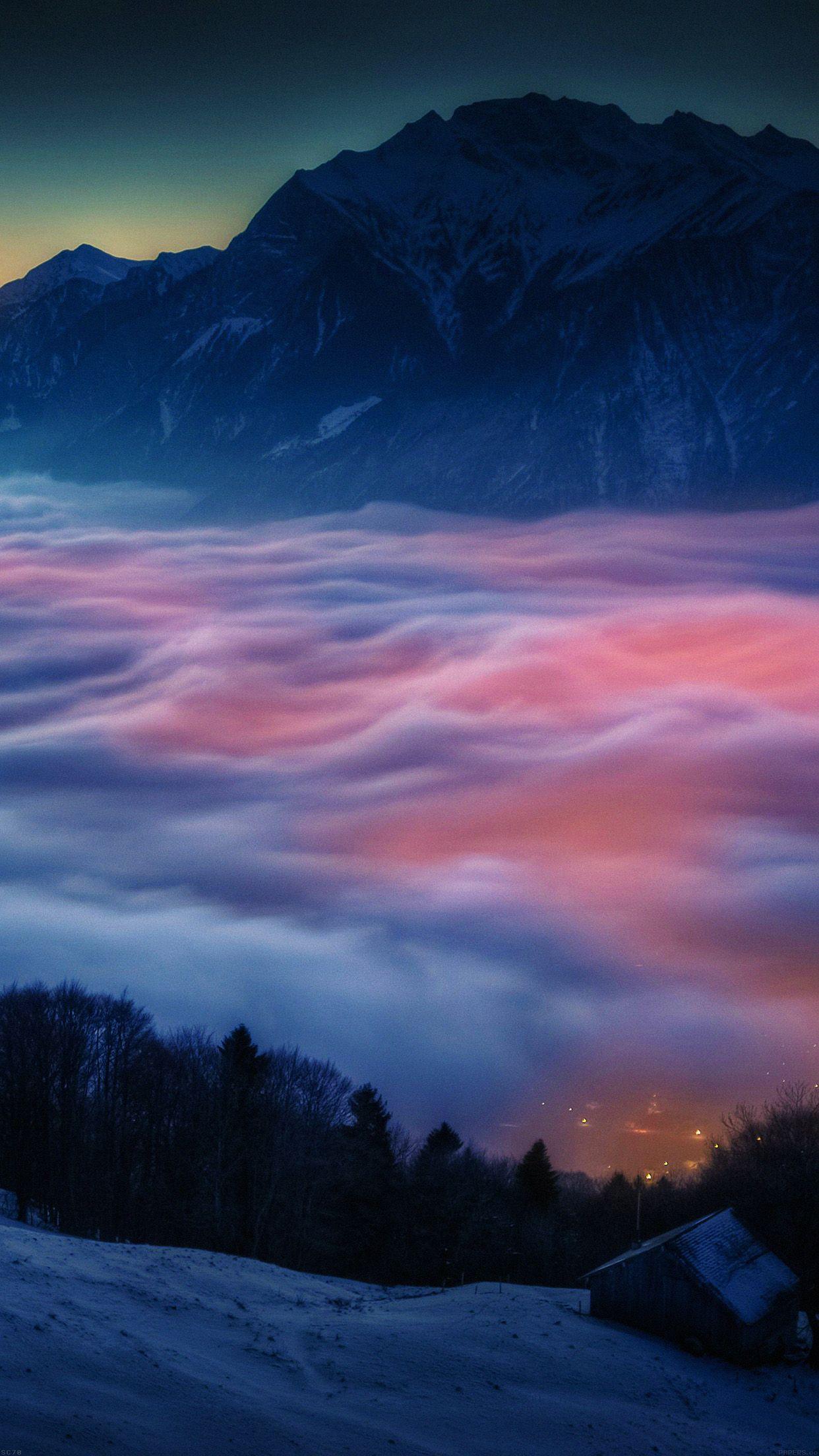 1242x2208 Smoky Foggy Mountain With House Sunrise From Sky Nature Wallpaper