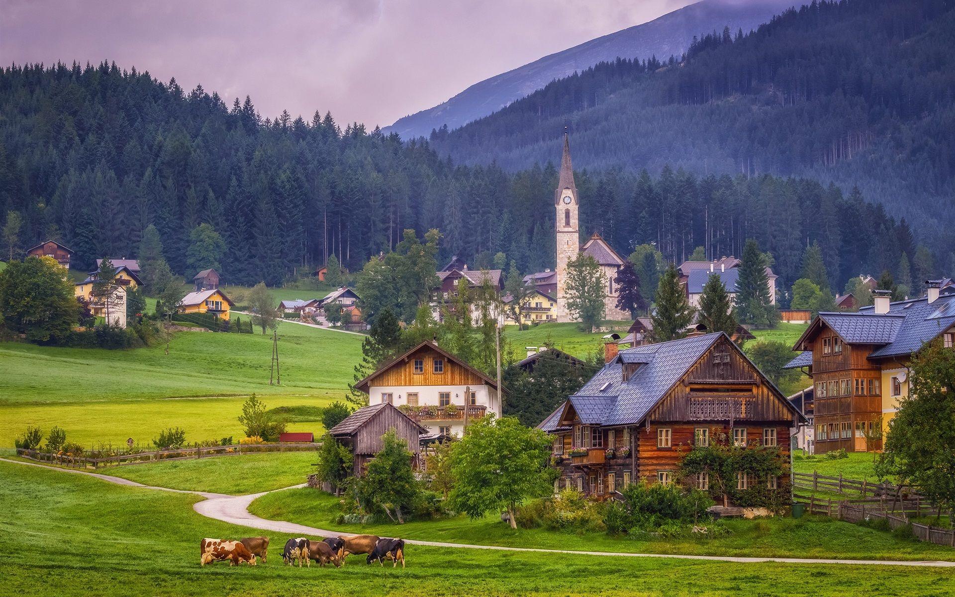 1920x1200 Wallpaper Gosau, Austria, Alps, church, houses, village, trees 1920x1440 HD Picture, Image