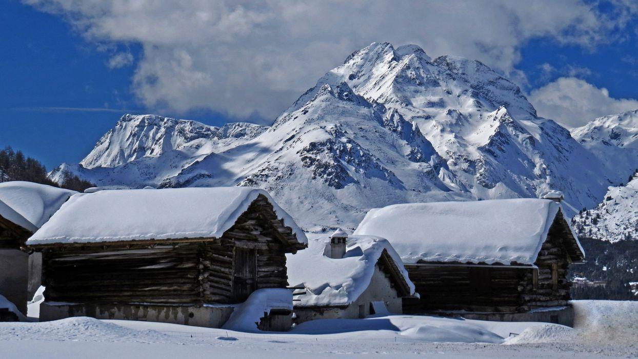 1244x700 Cabin Mountain Snow Winter buildings houses landscapes sky clouds wallpaperx1080