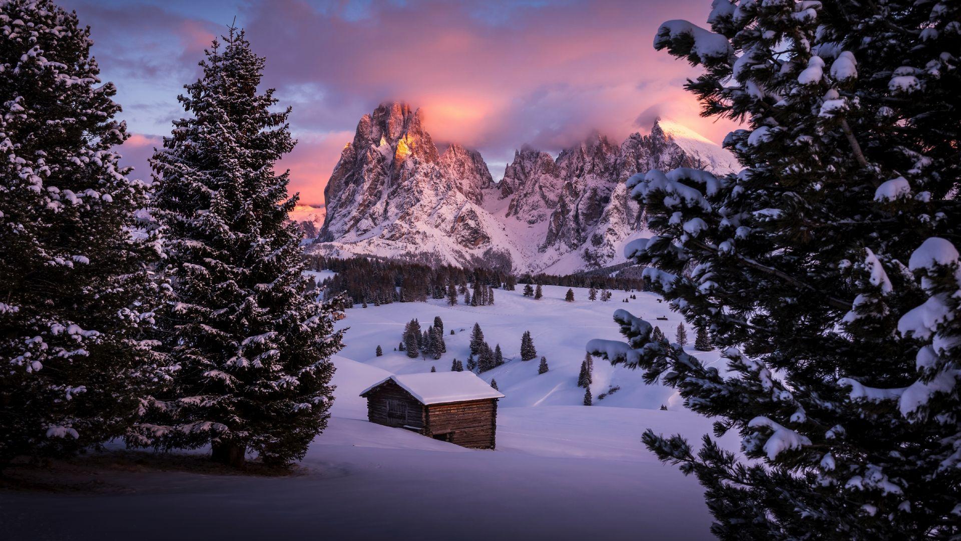 1920x1080 Desktop wallpaper winter, cabin, landscape, nature, dawn, mountains, HD image, picture, background, d7386c