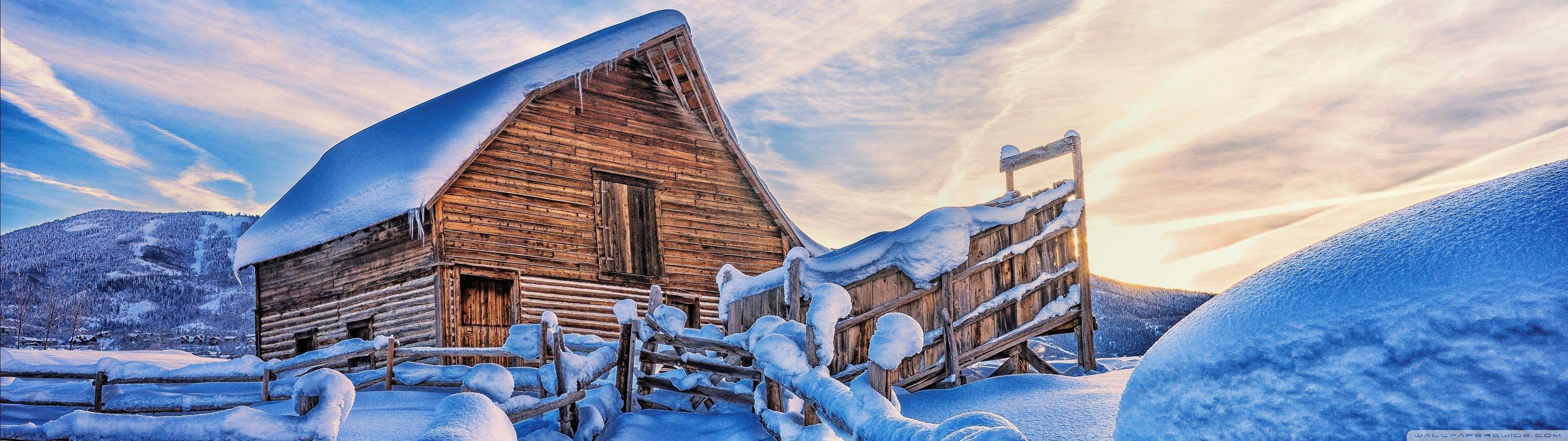 3840x1080 Snowy Cabin, Mountains, Winter Ultra HD Desktop Background Wallpaper for 4K UHD TV : Widescreen & UltraWide Desktop & Laptop : Multi Display, Dual Monitor : Tablet