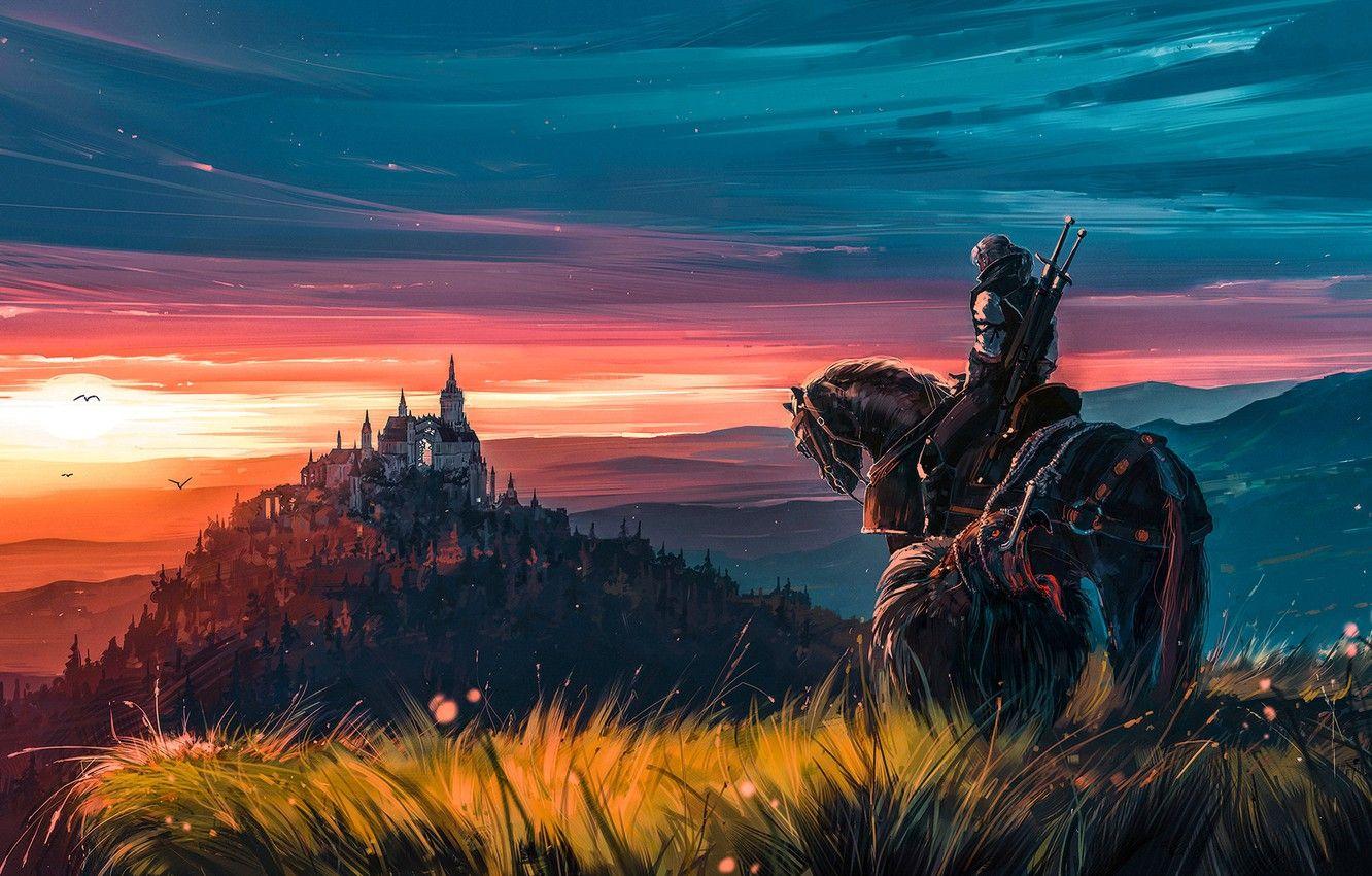 1332x850 Wallpaper fantasy, game, twilight, sky, landscape, nature, sunset, evening, painting, horse, castle, weapons, digital art, artwork, warrior, swords image for desktop, section игры