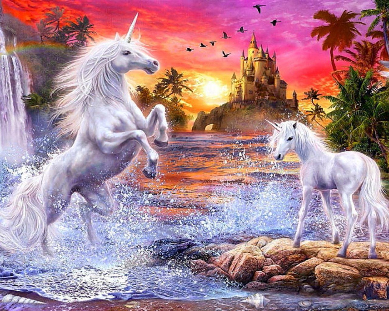 1280x1024 Fantasy Unicorns Castle Sunset River Falls Palm Flowers Birds Wallpaper HD :