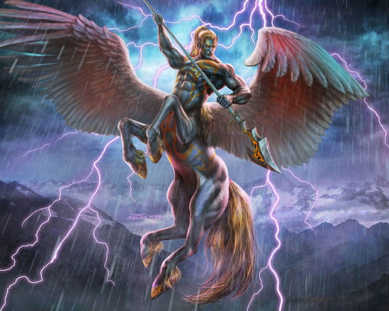 1280x1024 Centaur Pegasus Wings Spear Lightning Rain Lightning Bolts Fantasy Art Image Wallpaper HD :