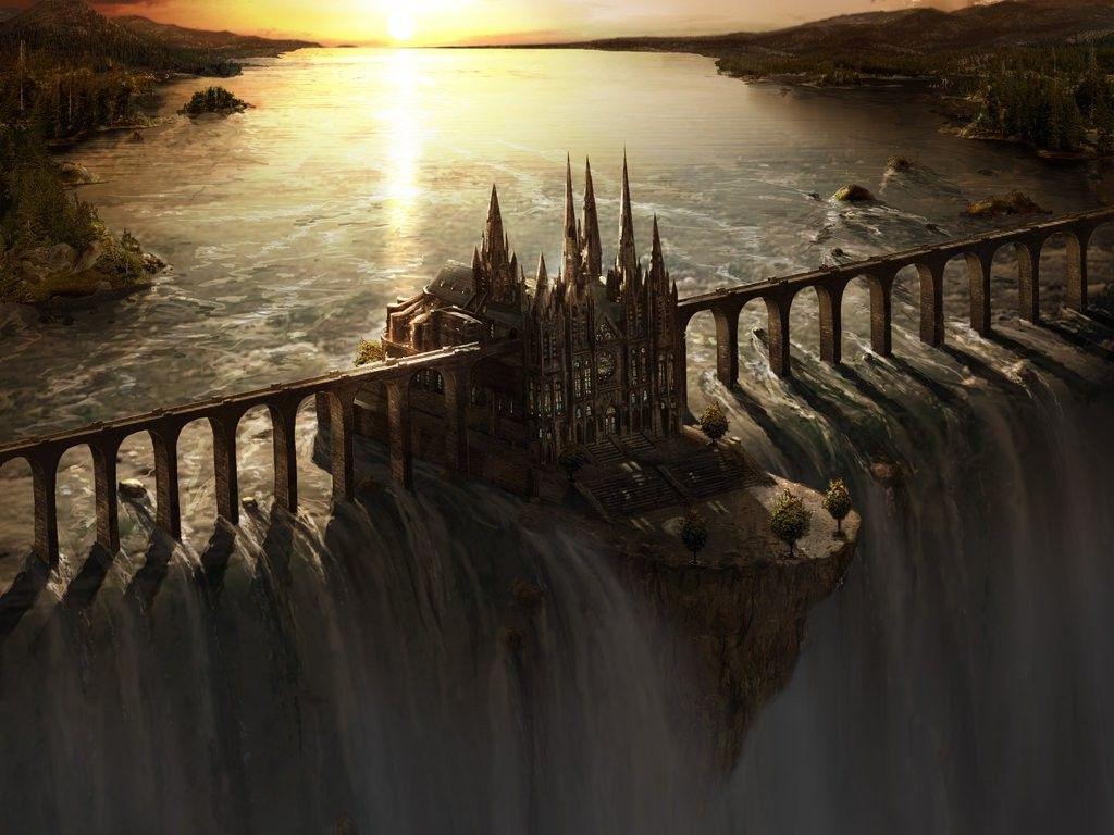 1024x768 fantasy Art, Waterfall, Castle, Bridge, Sunset Wallpaper HD. Fantasy castle, Fantasy landscape, Fantasy city
