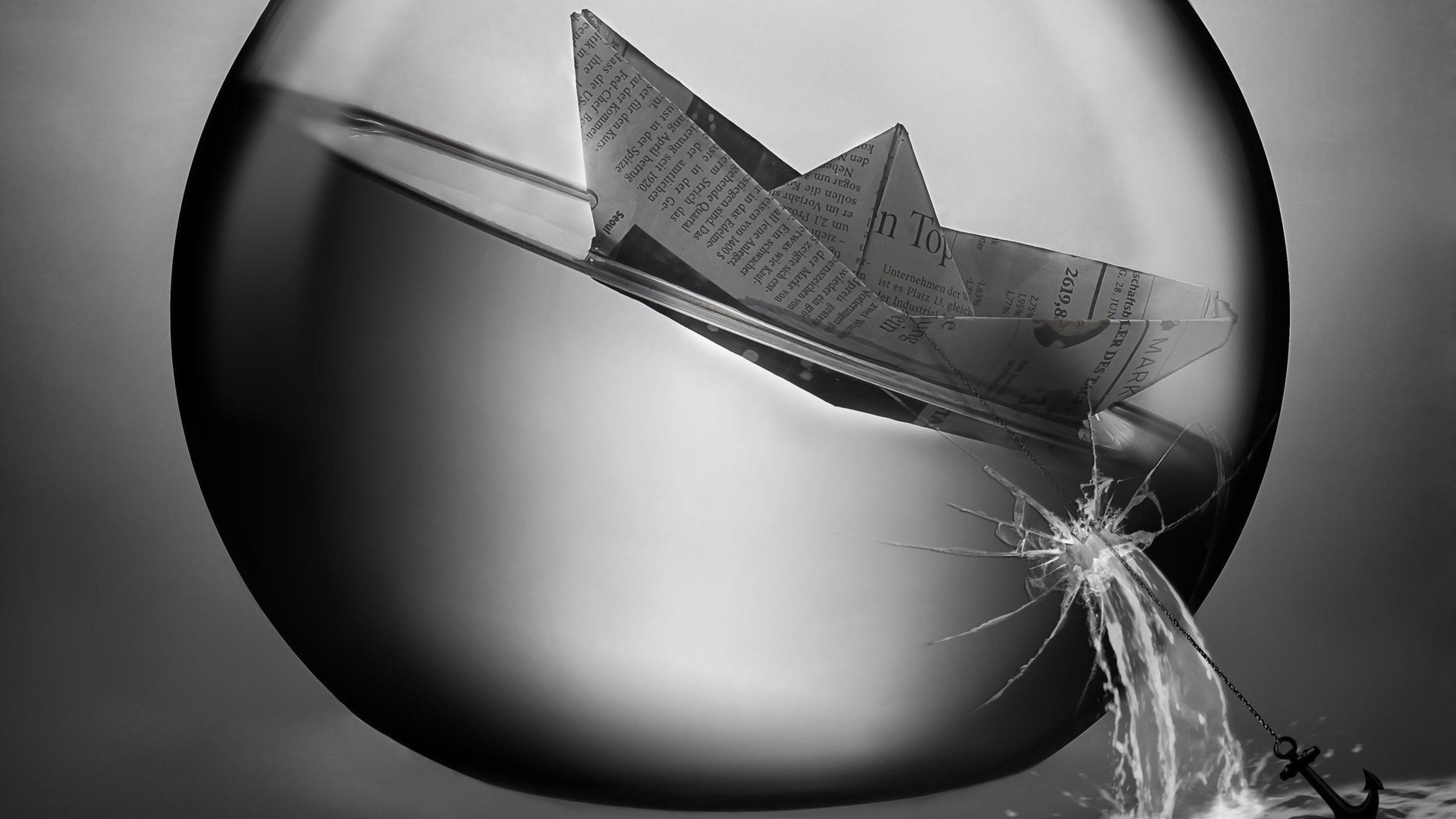 3840x2160 Download 3840x2160 Paper Boat, Monochrome, Water, Broken Glass Wallpaper for UHD TV