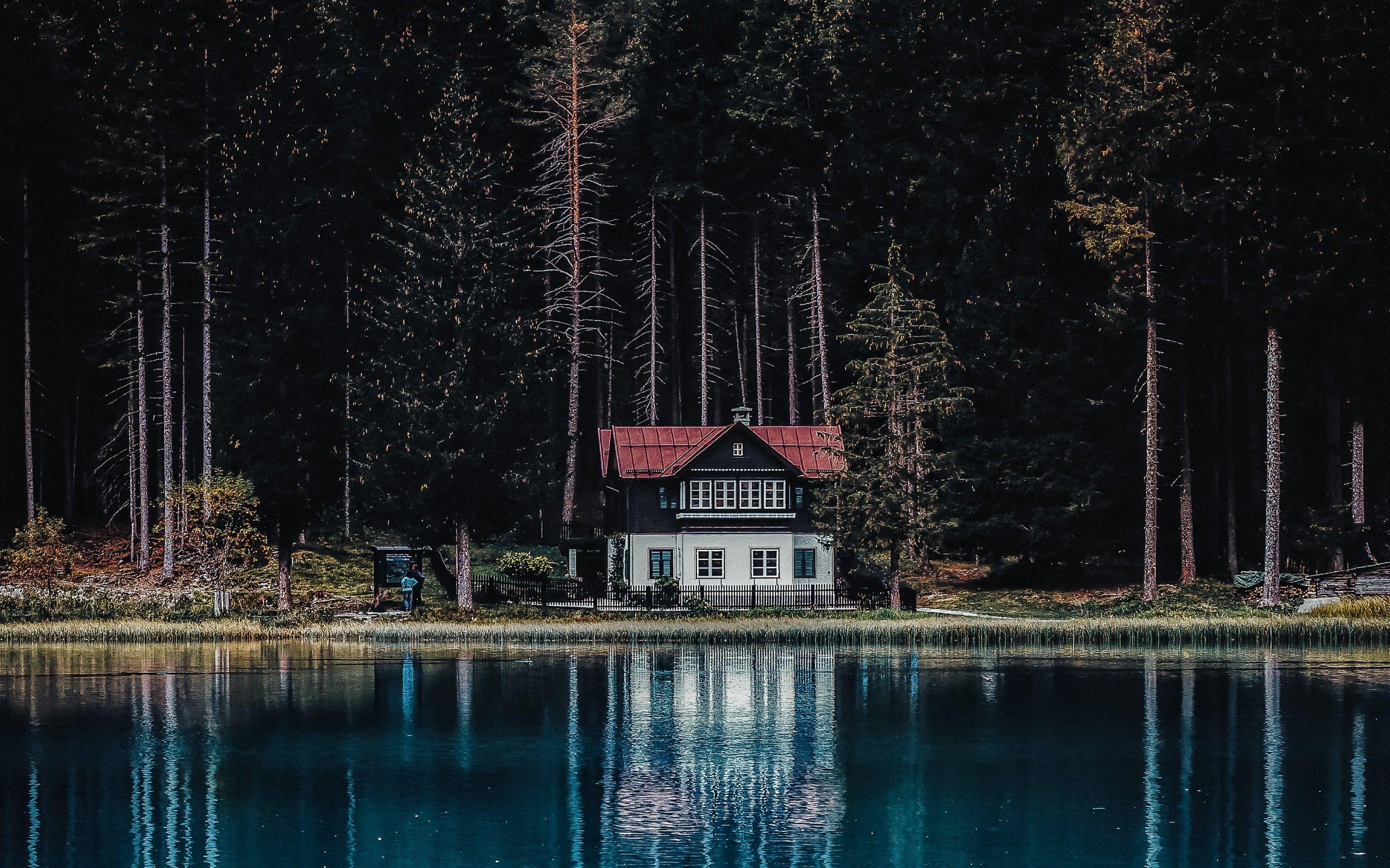 2880x1800 Dark Forest 4K Wallpaper, House, Tall Trees, Woods, Lake, Body of Water, Reflection, Landscape, Nature