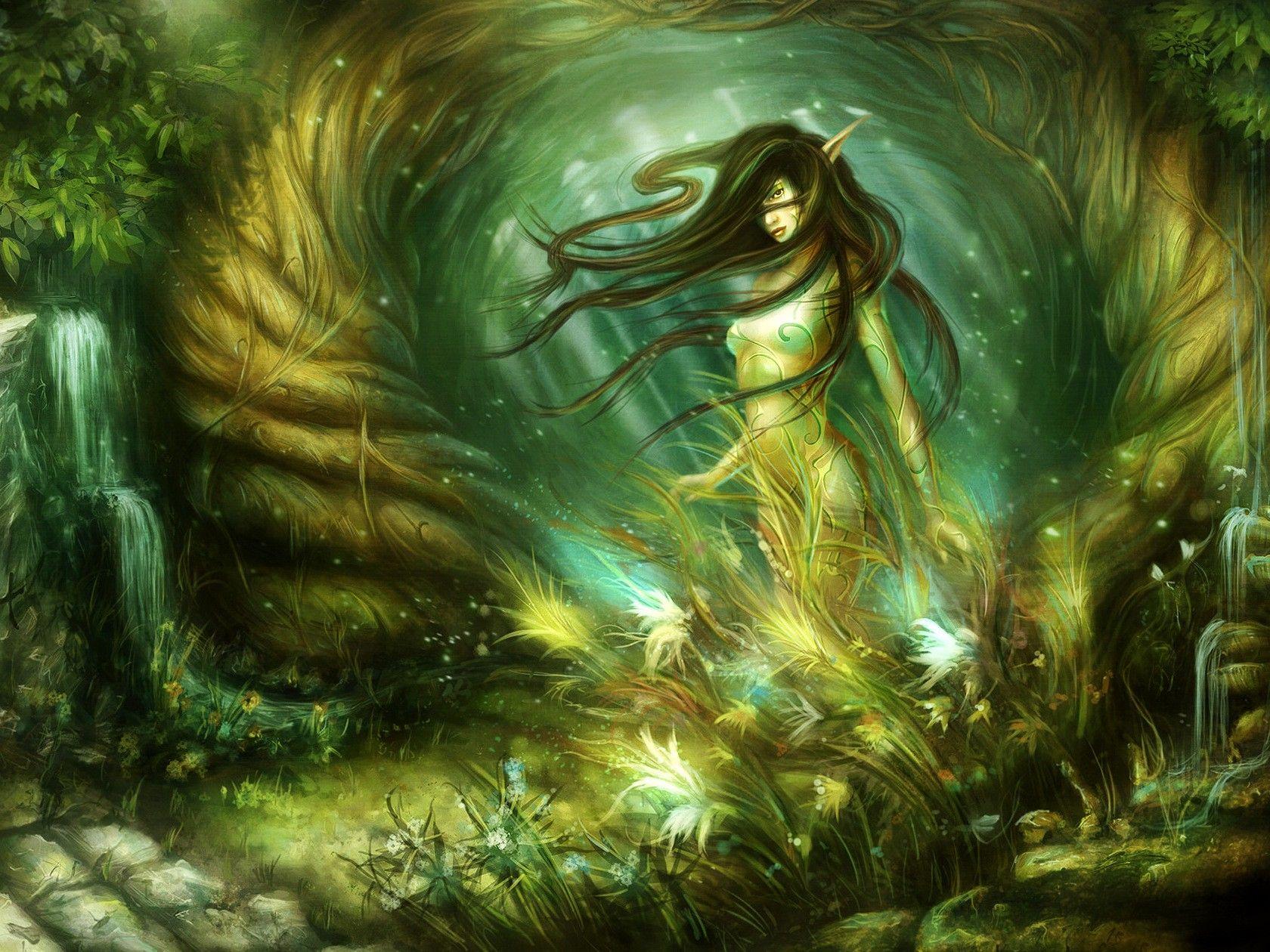1680x1260 women, paintings, forest, fantasy art, elves wallpaper