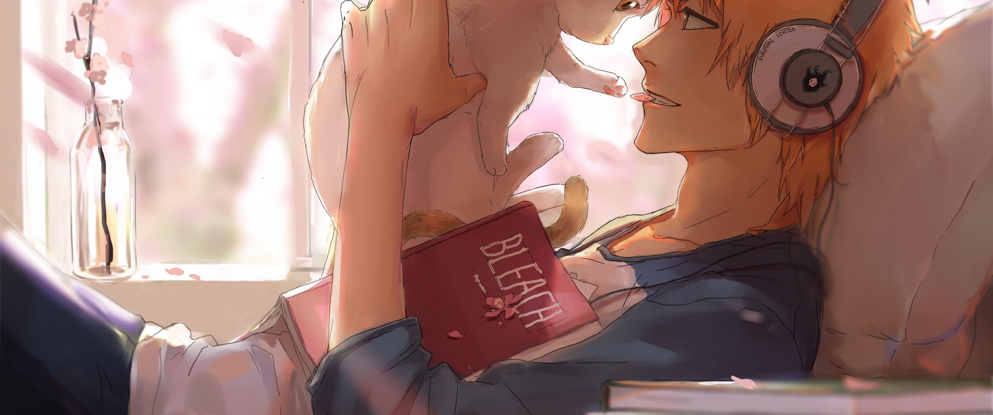 3440x1440 Download 3440x1440 Bleach, Kurosaki Ichigo, Lying Down, Playing With Cat, Headphones, Profile View Wallpaper