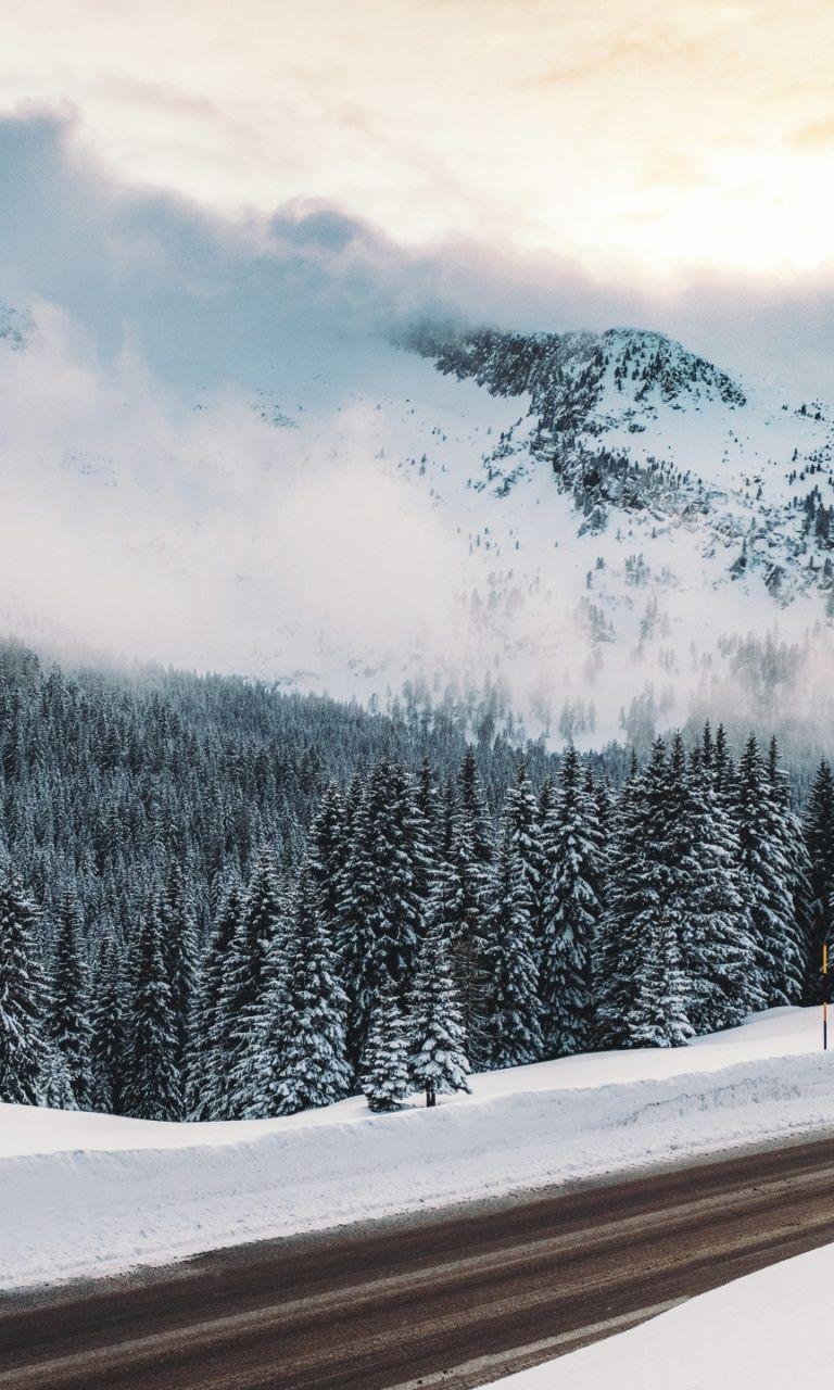 768x1280 winter, snow, road, mountains, Lumia 920 wallpaper