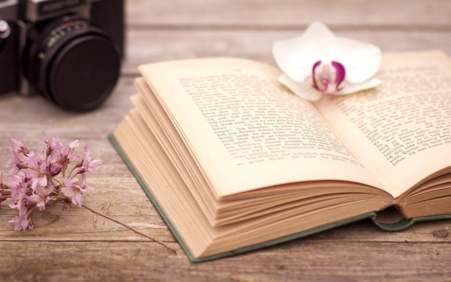 1440x900 Camera photo flowers and a good book